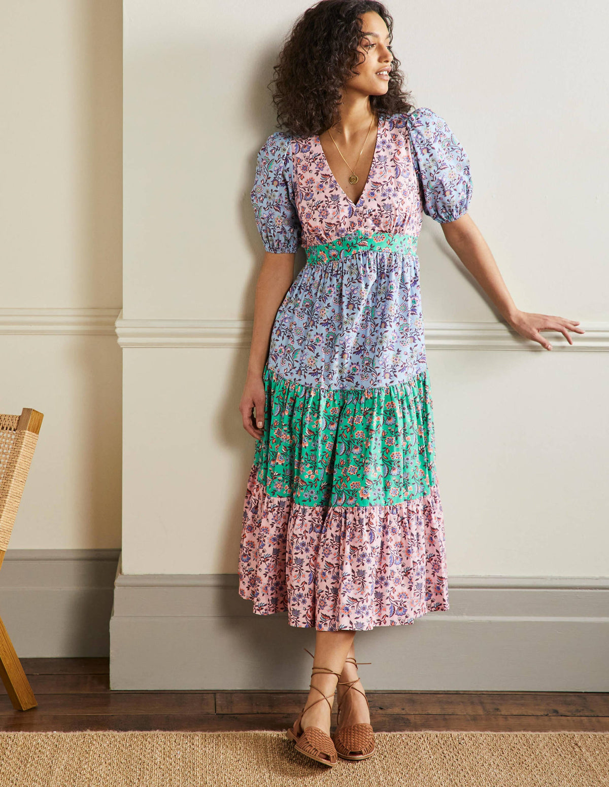 Puff Sleeve Tiered Midi Dress-Formica Pink, Oriental Meadow-1