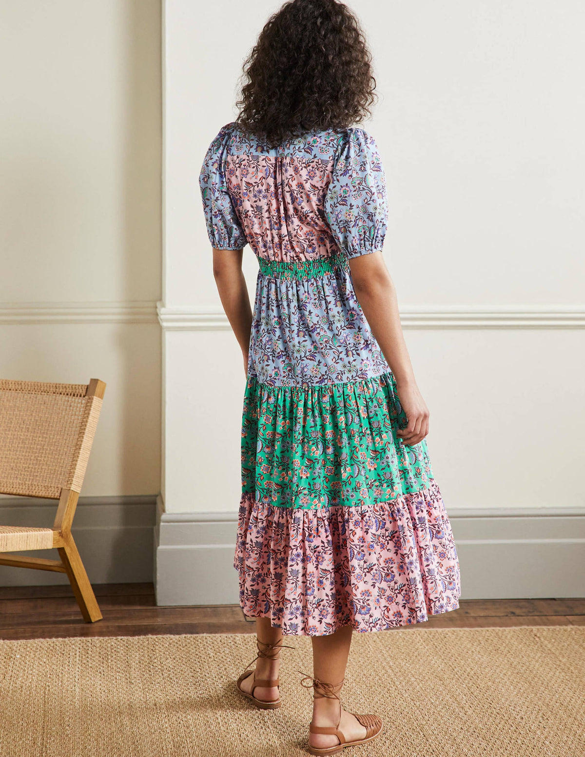 Puff Sleeve Tiered Midi Dress-Formica Pink, Oriental Meadow-3
