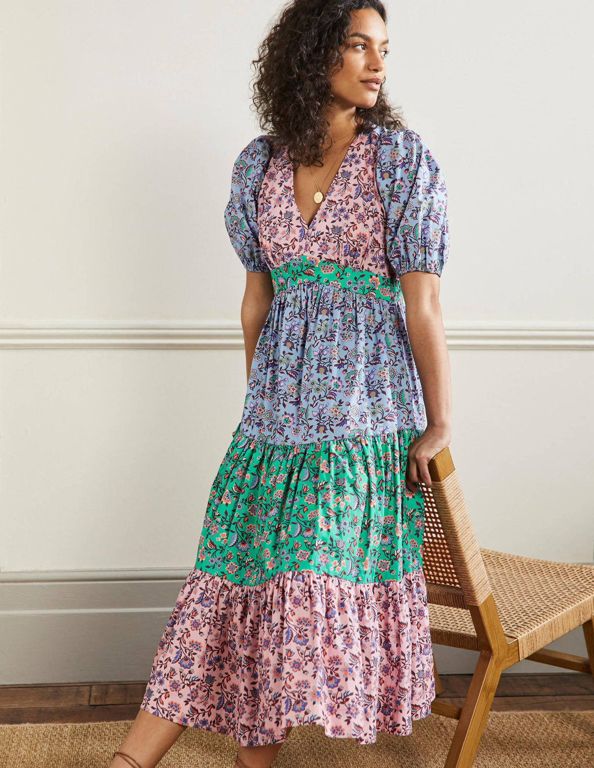 Puff Sleeve Tiered Midi Dress-Formica Pink, Oriental Meadow - Image 4