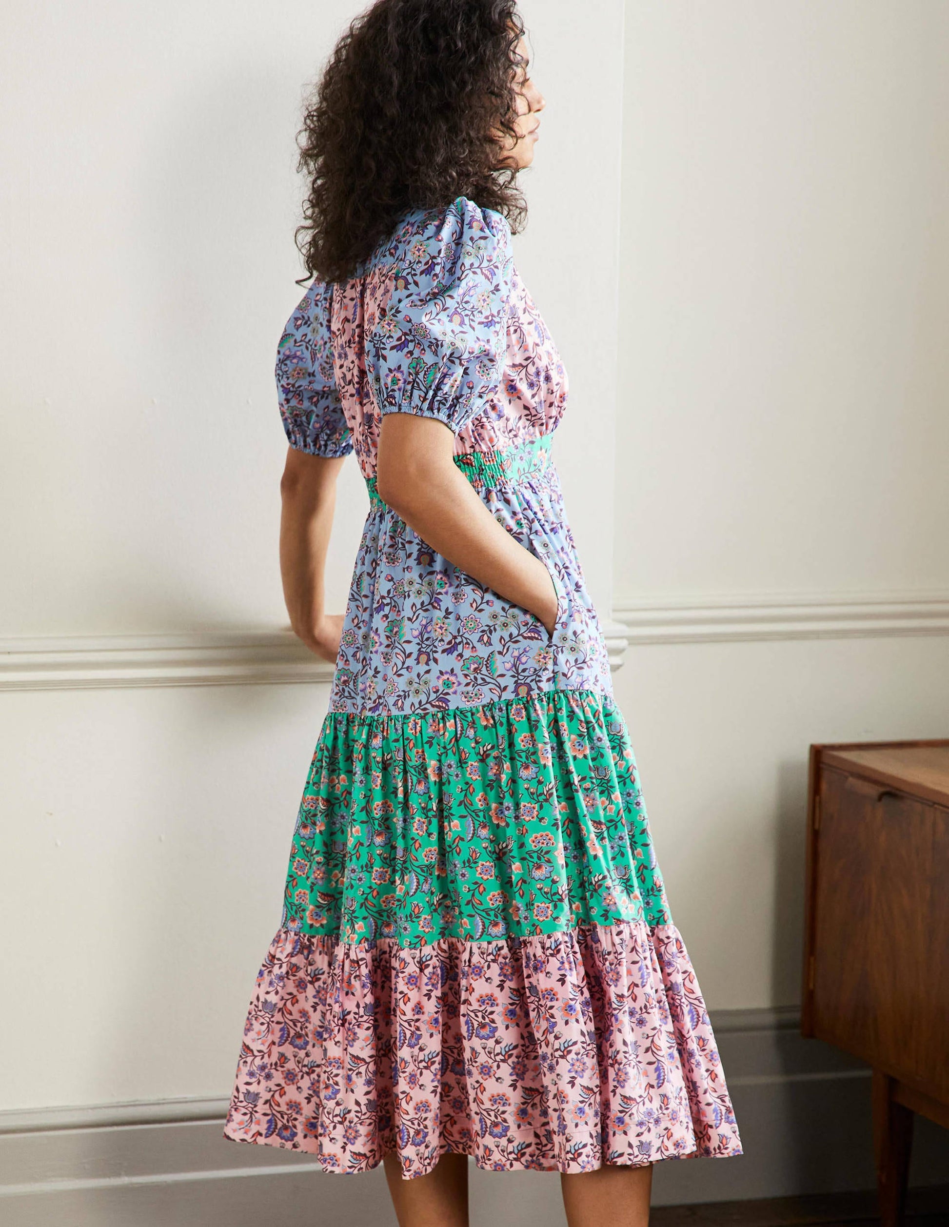 Puff Sleeve Tiered Midi Dress-Formica Pink, Oriental Meadow-5