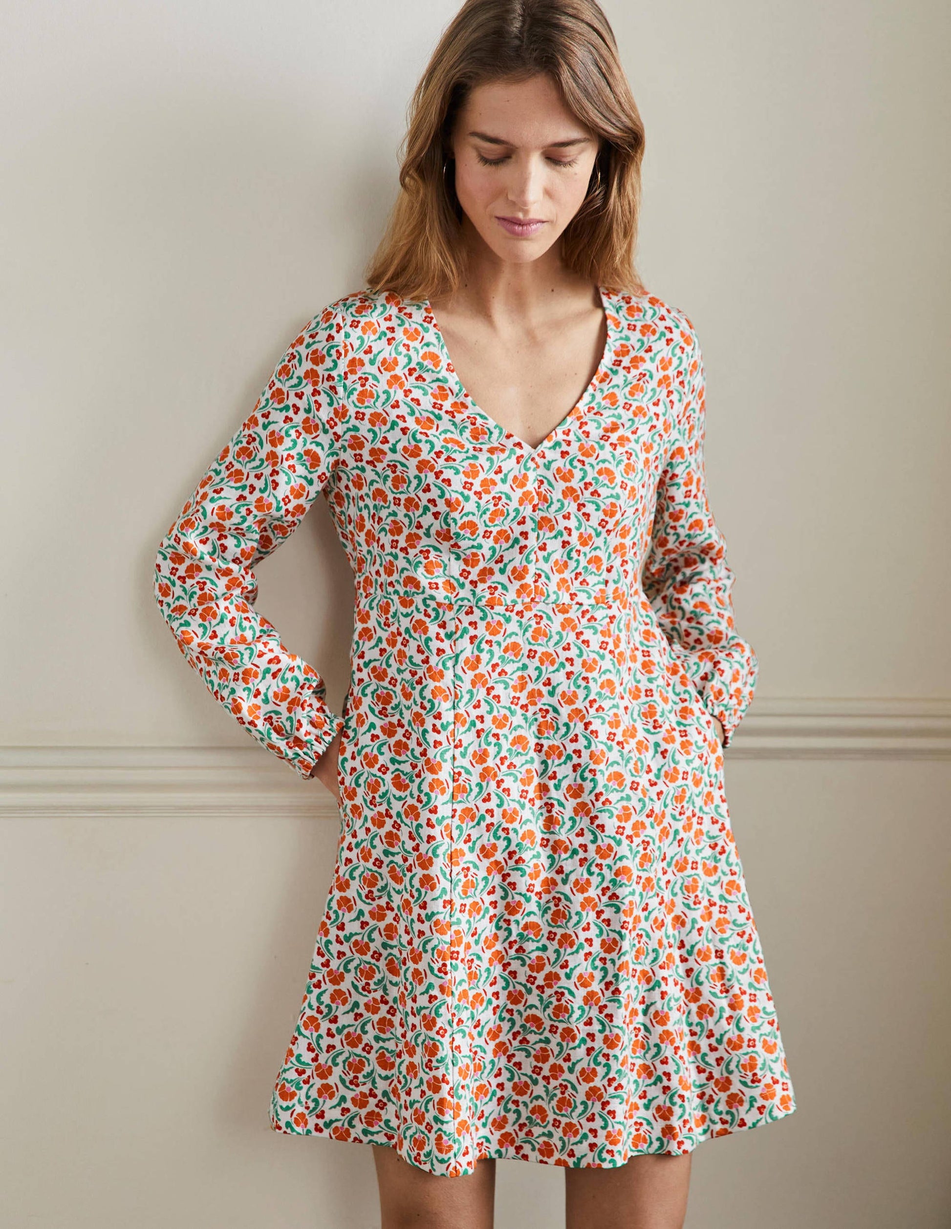 V-Neck Flippy Mini Dress-Bright Papaya, Delicate Bud-5