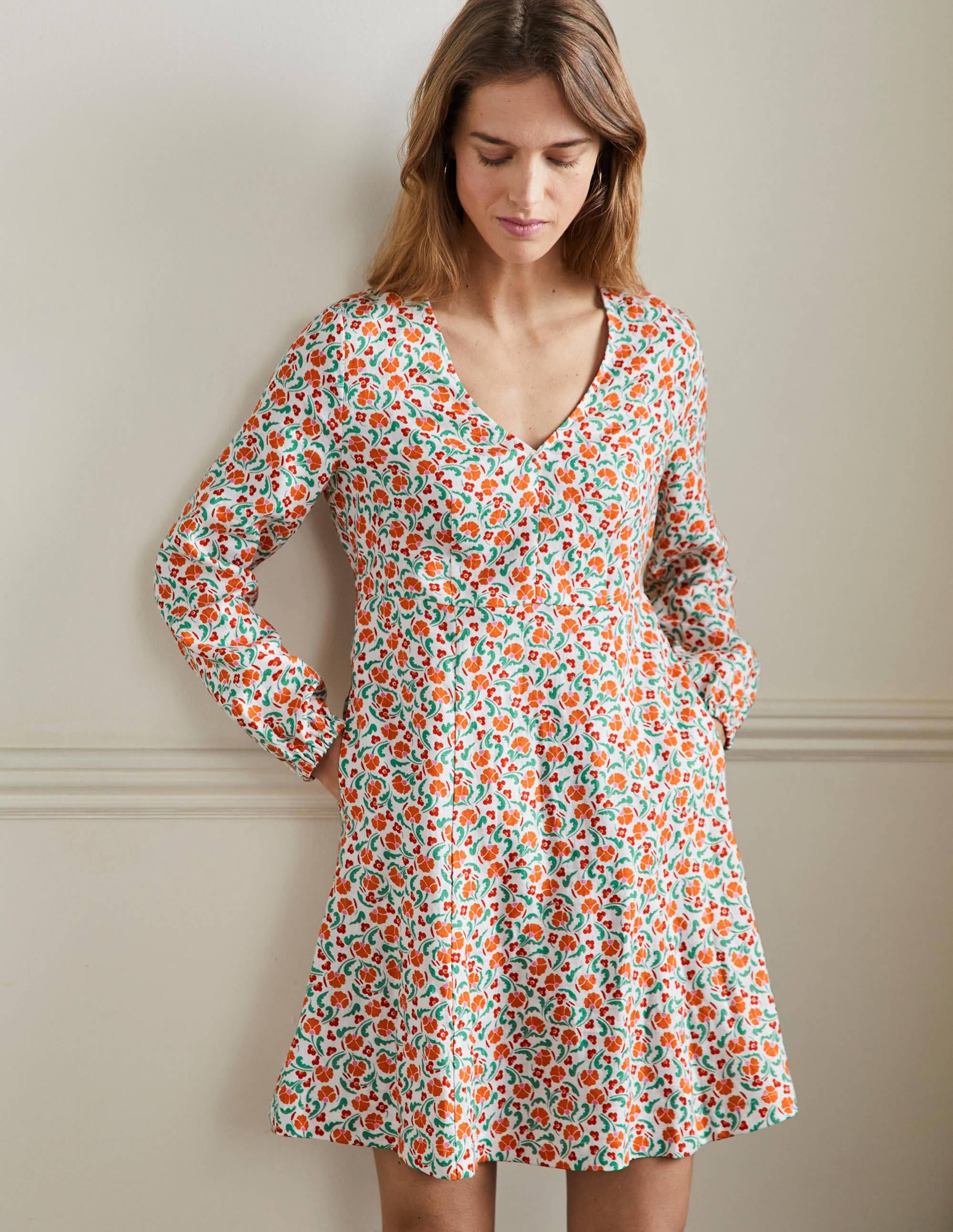V-Neck Flippy Mini Dress-Bright Papaya, Delicate Bud - Image 5