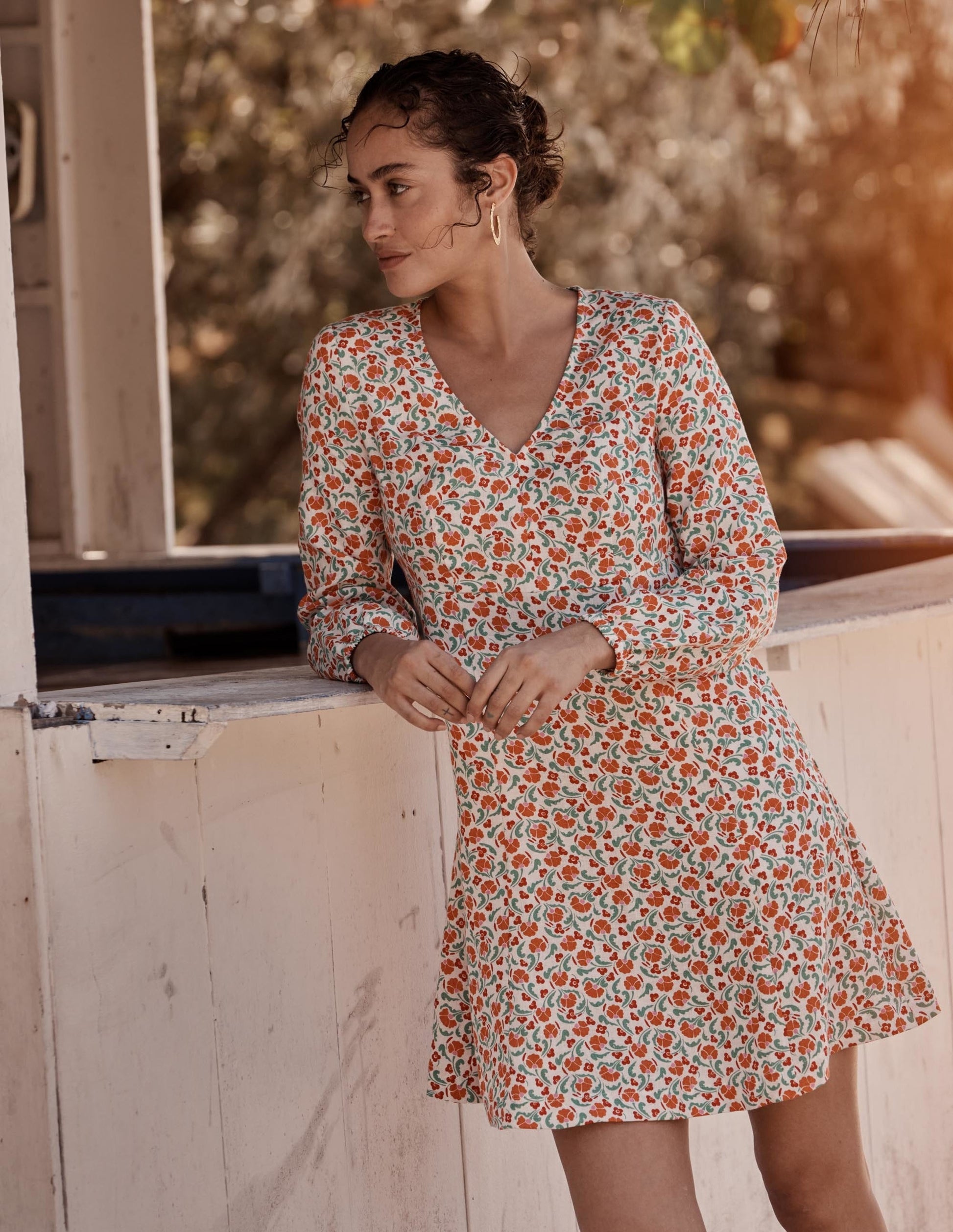 V-Neck Flippy Mini Dress-Bright Papaya, Delicate Bud-10