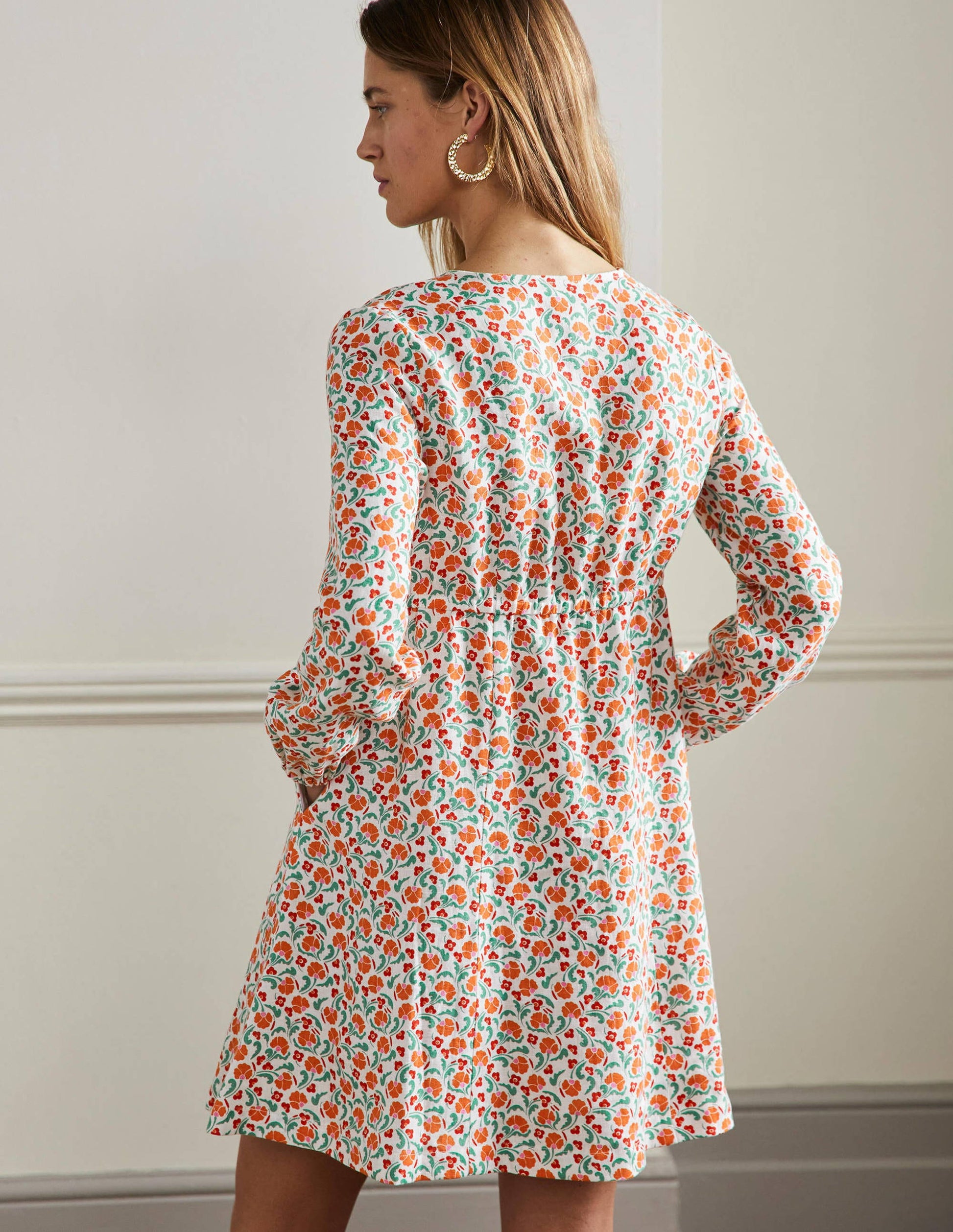 V-Neck Flippy Mini Dress-Bright Papaya, Delicate Bud-3