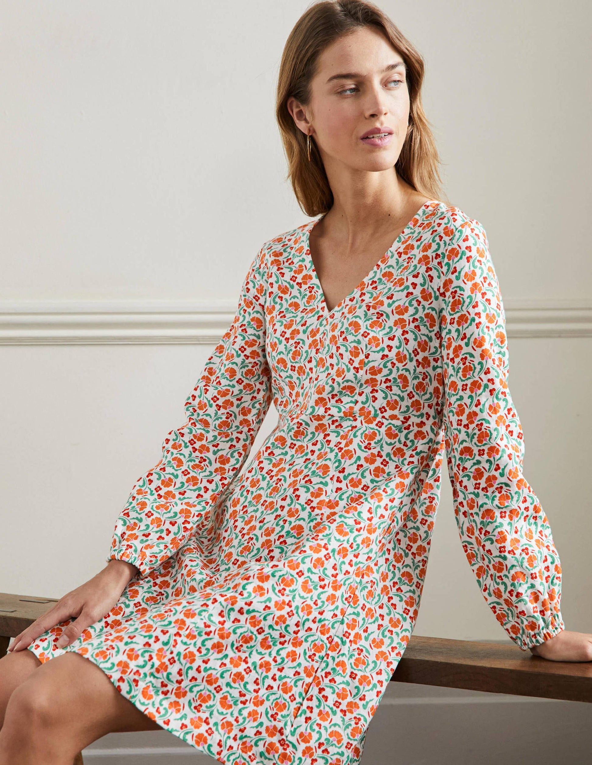 V-Neck Flippy Mini Dress-Bright Papaya, Delicate Bud-4