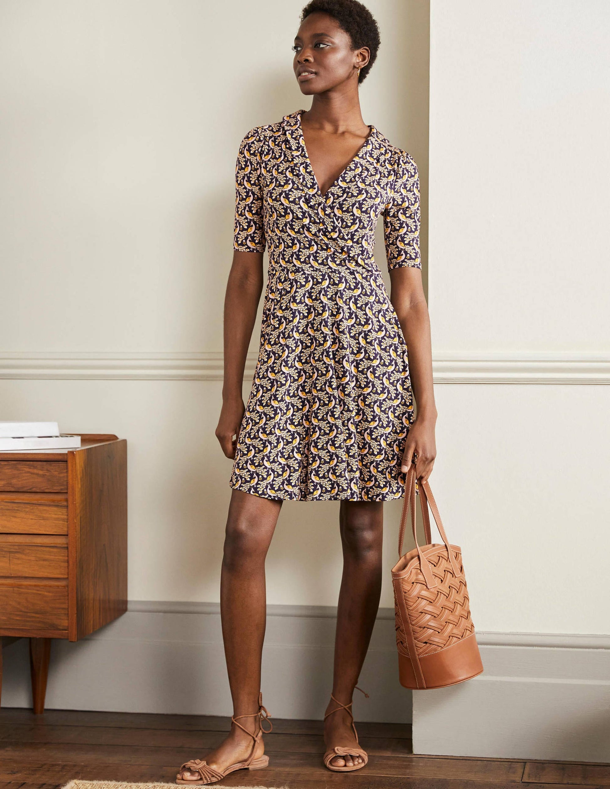 Fixed Wrap Jersey Dress-French Navy, Paradise Peacock-4
