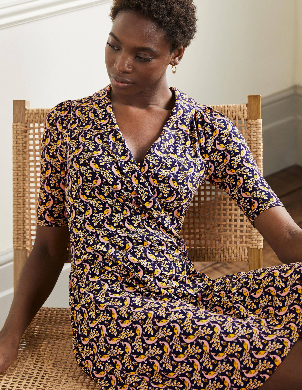 Fixed Wrap Jersey Dress-French Navy, Paradise Peacock-5