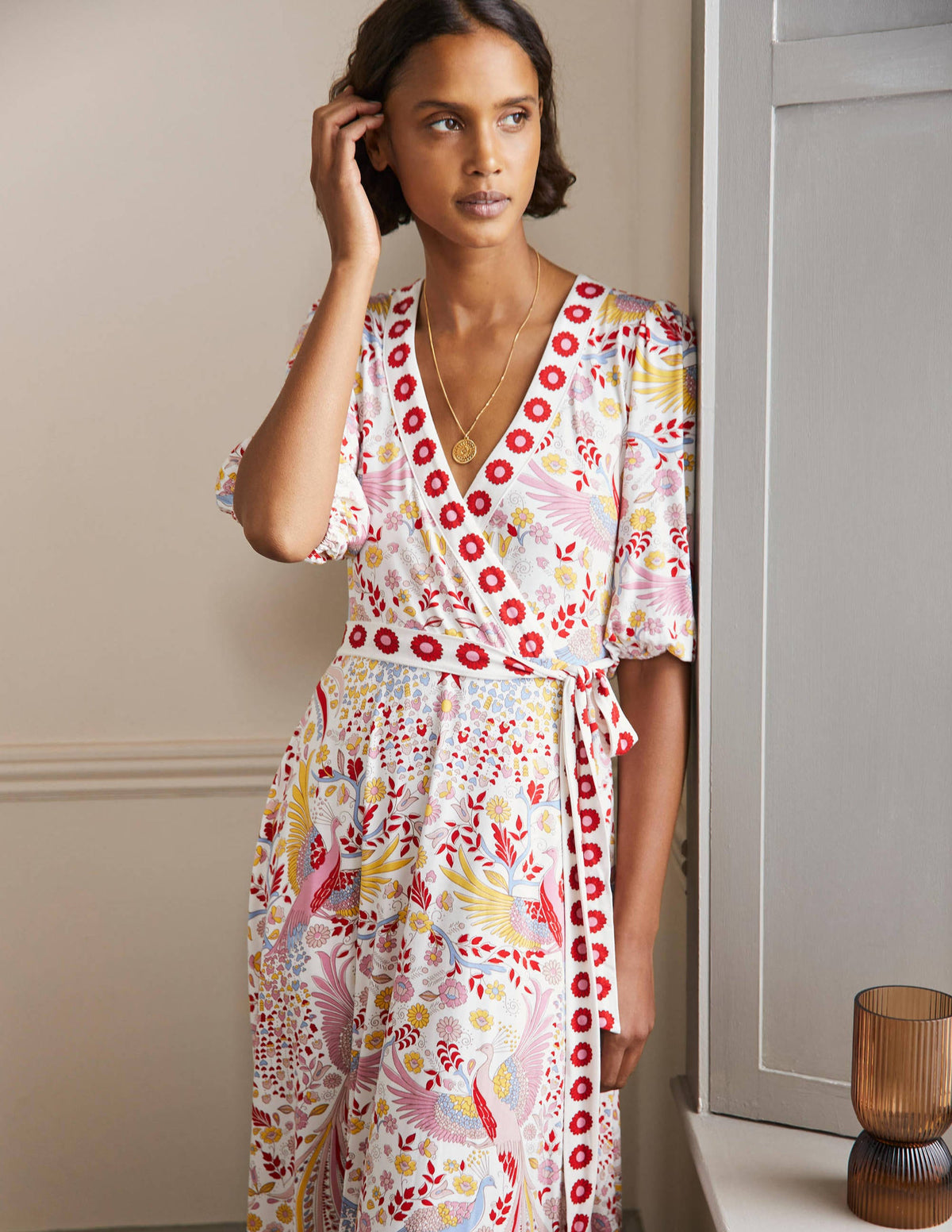 Fixed Wrap Jersey Maxi Dress-Multi, Enchanting Peacock-4