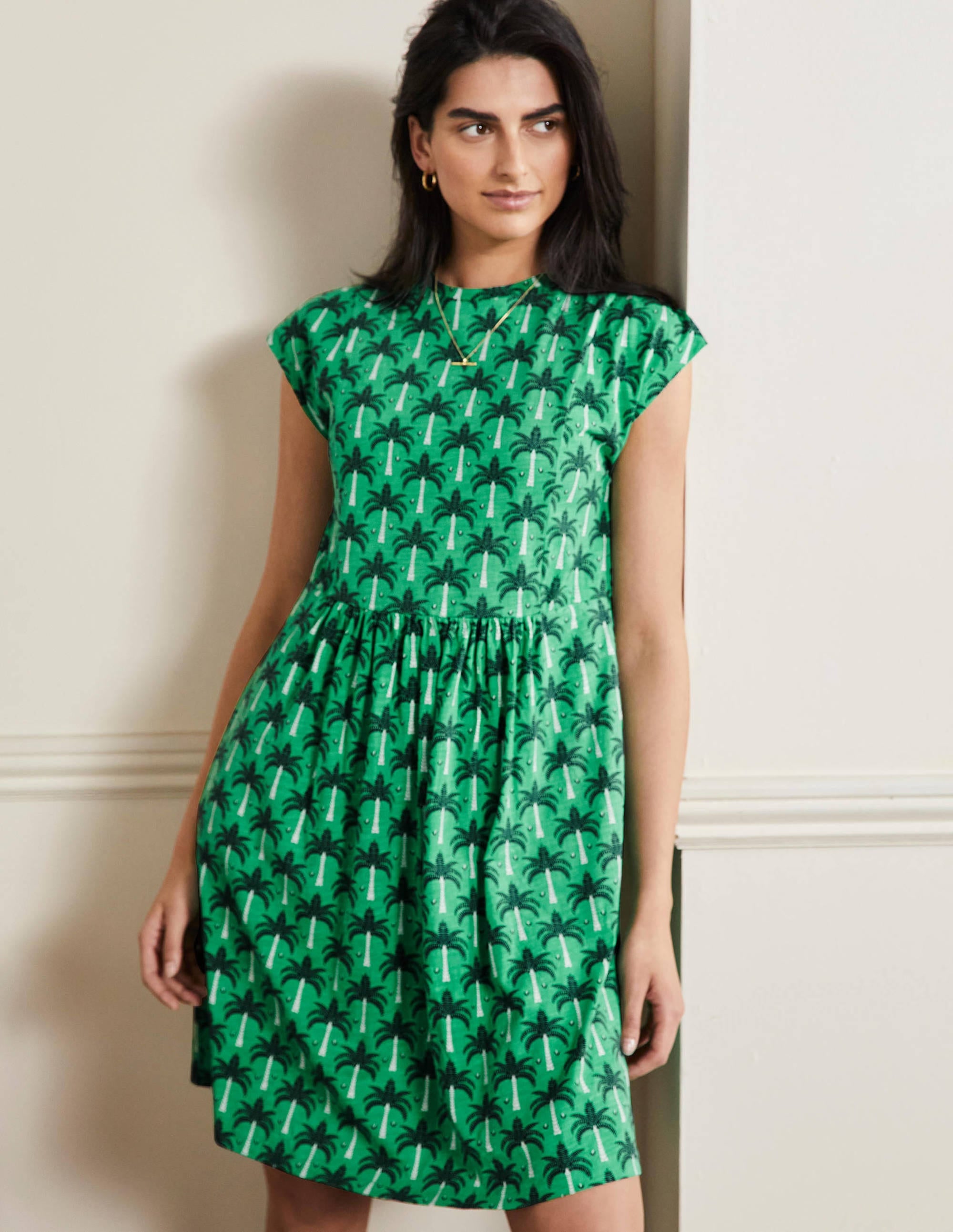 Jersey T-Shirt Dress-Green Lagoon, Paradise Palm - Image 1