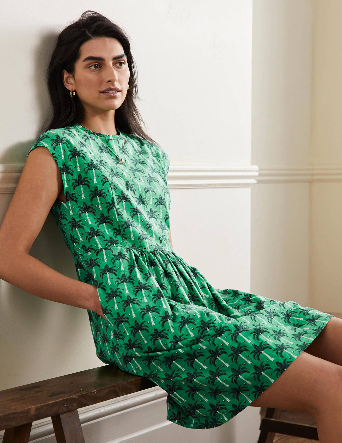 Jersey T-Shirt Dress-Green Lagoon, Paradise Palm - Image 4