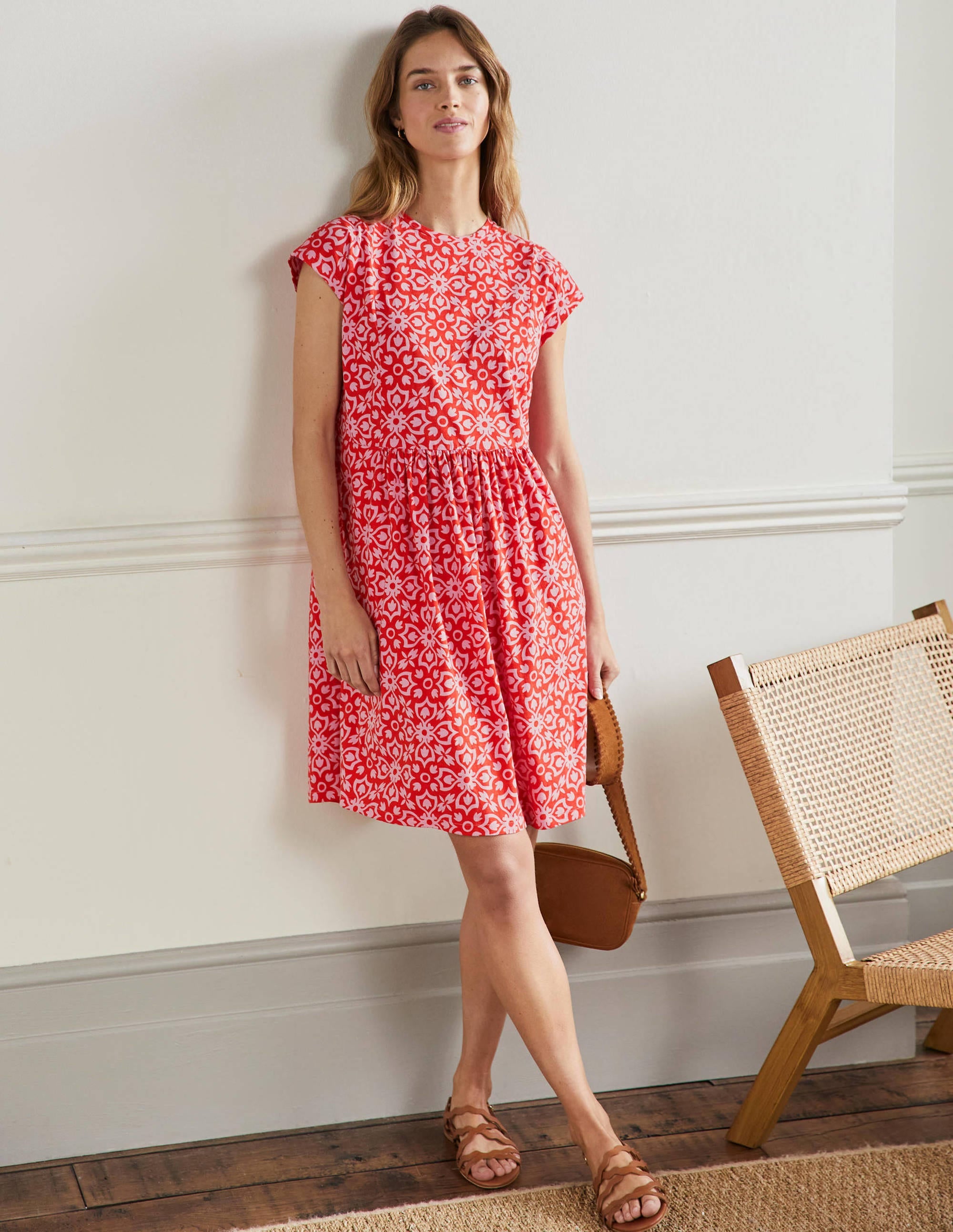 Jersey T-Shirt Dress-Dragon Red Floret Tile - Image 1