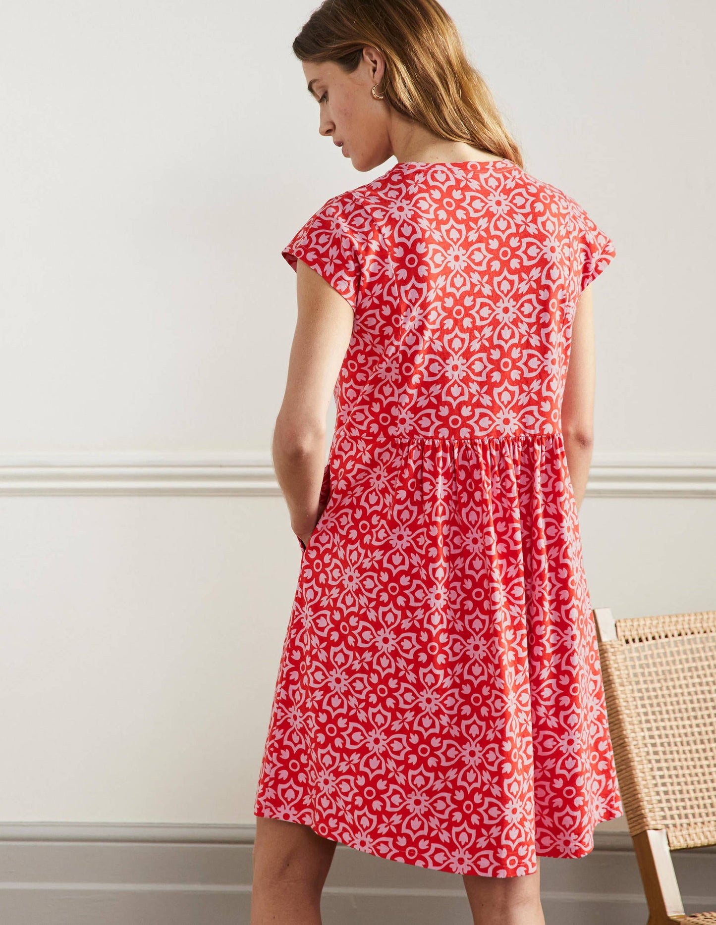Jersey T-Shirt Dress-Dragon Red Floret Tile
