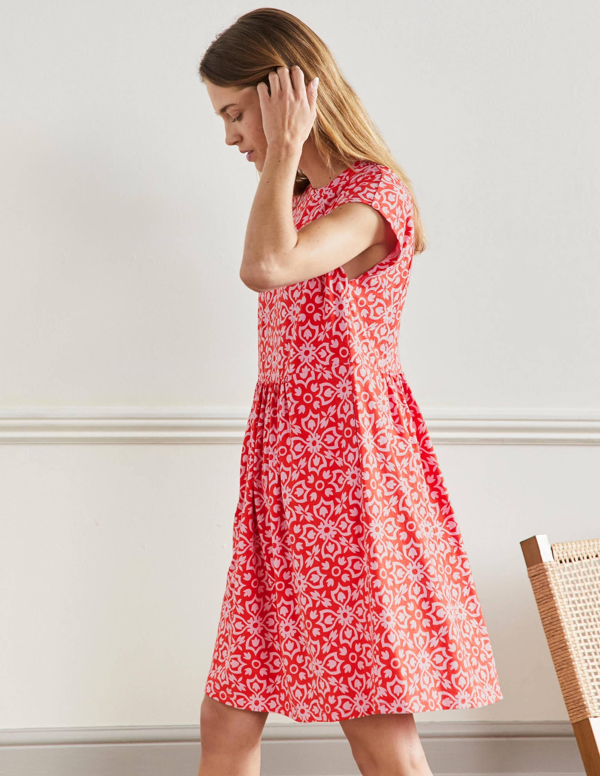 Jersey T-Shirt Dress-Dragon Red Floret Tile - Image 4