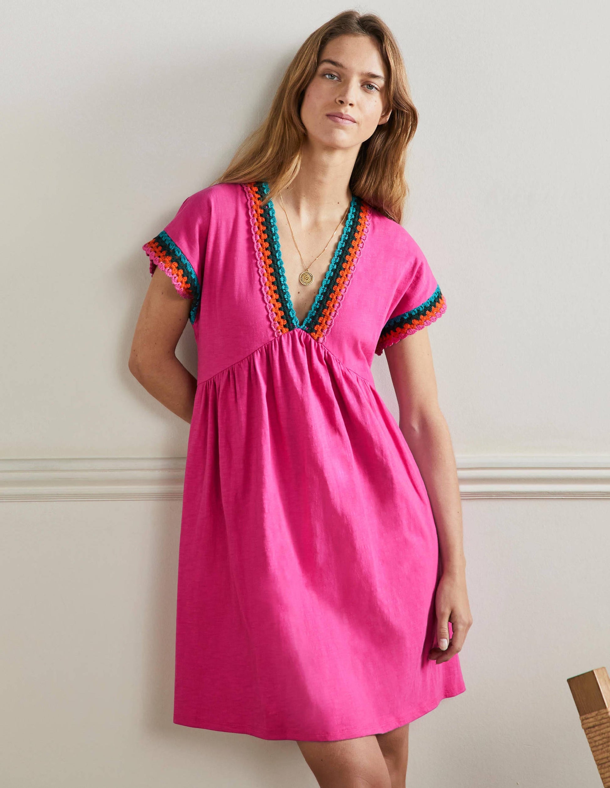 Crochet Trim Jersey Dress-Pop Pansy-1