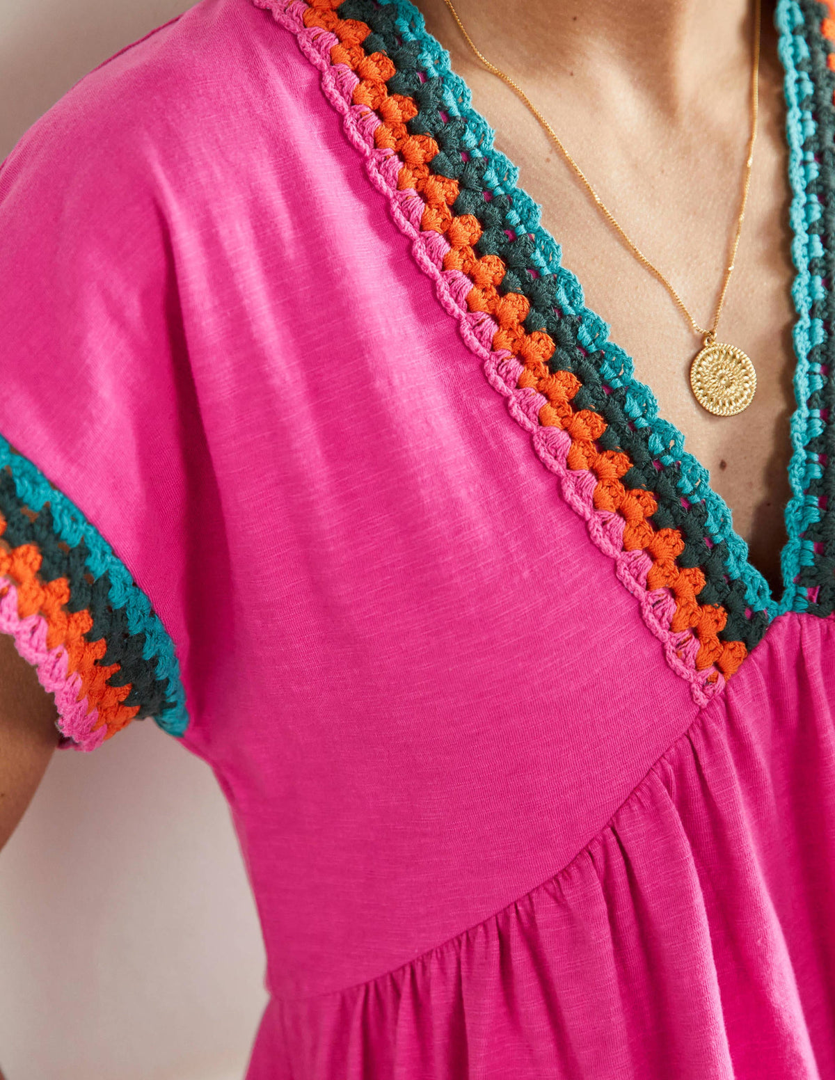 Crochet Trim Jersey Dress-Pop Pansy-2