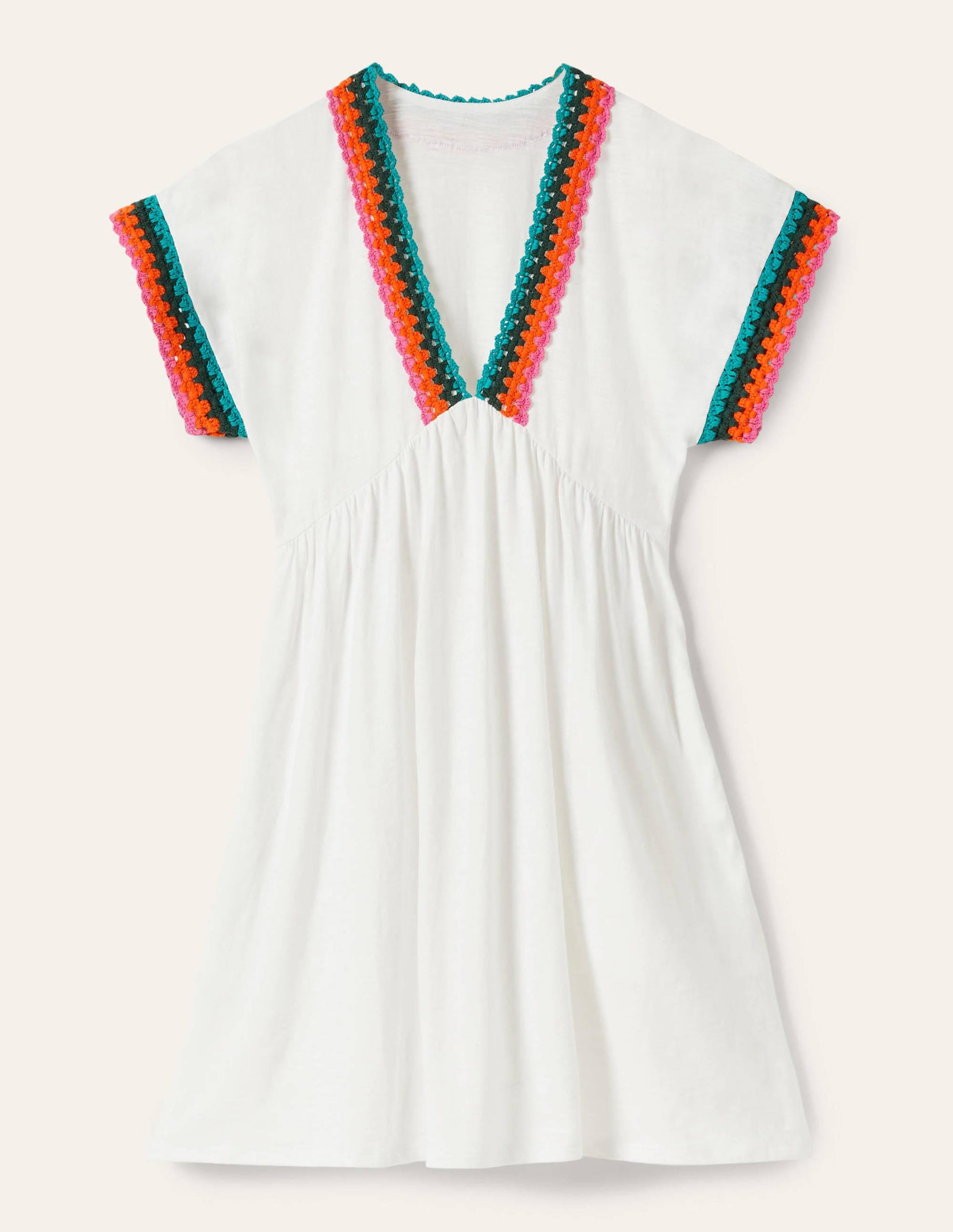 Crochet Trim Jersey Dress-White-6