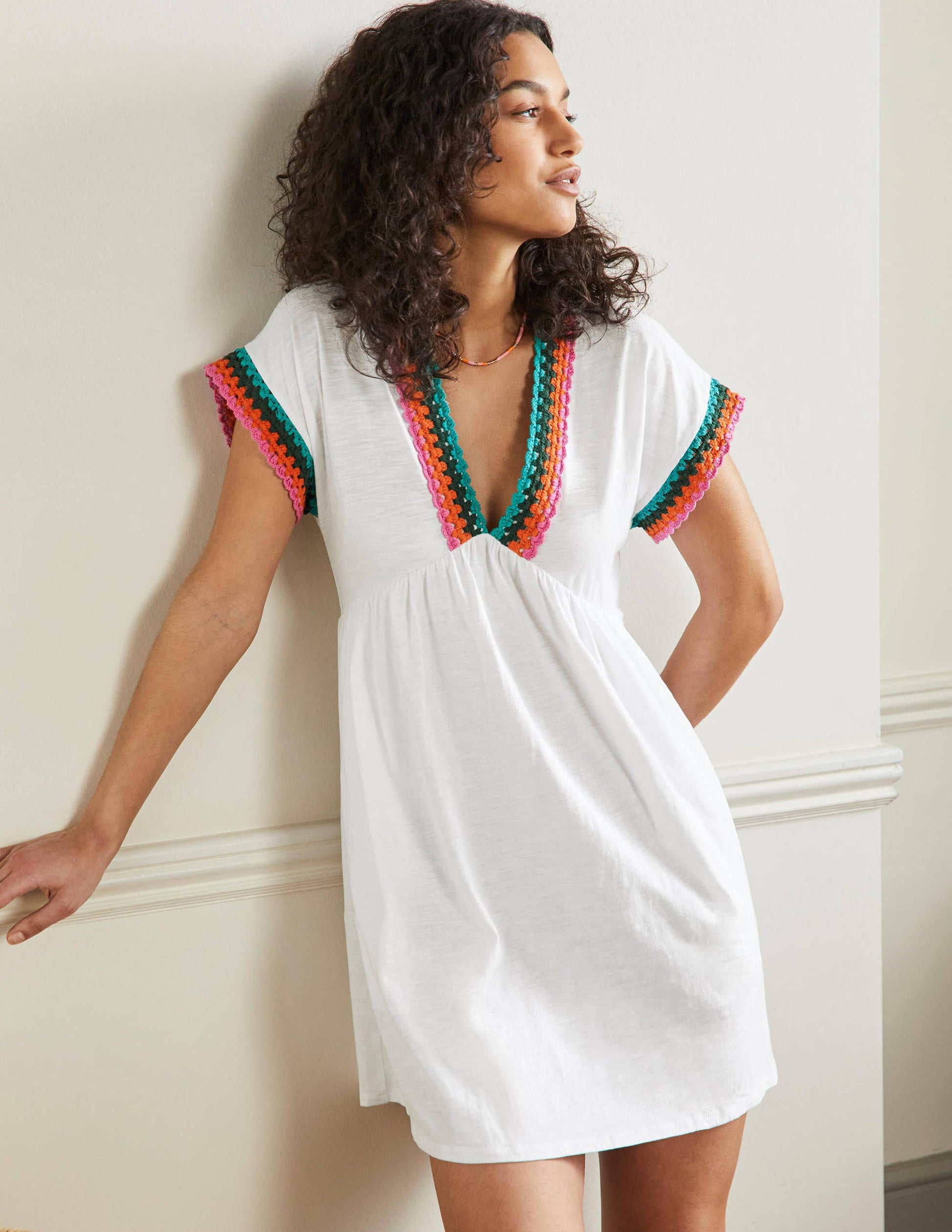 Crochet Trim Jersey Dress-White-1