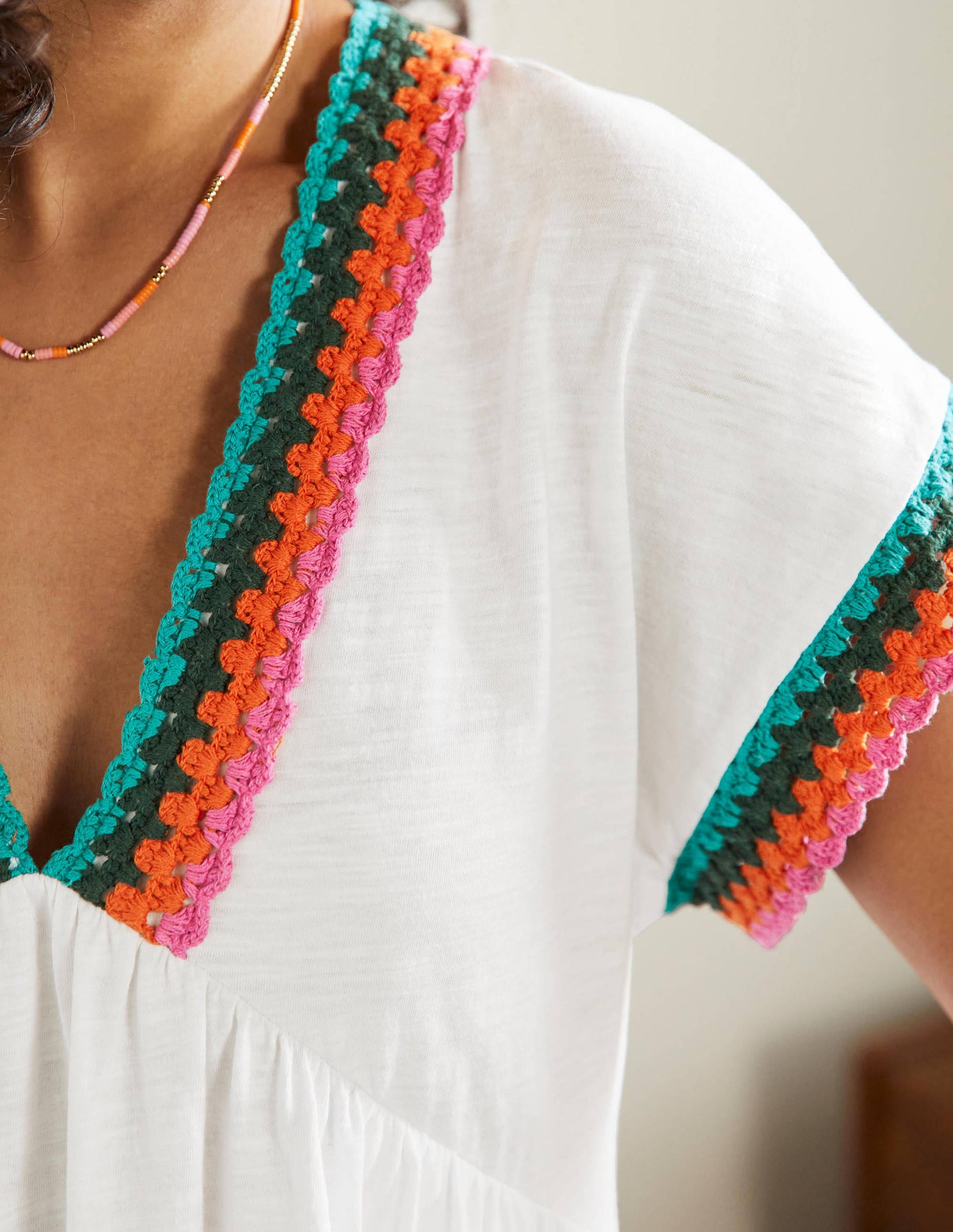 Crochet Trim Jersey Dress-White-2