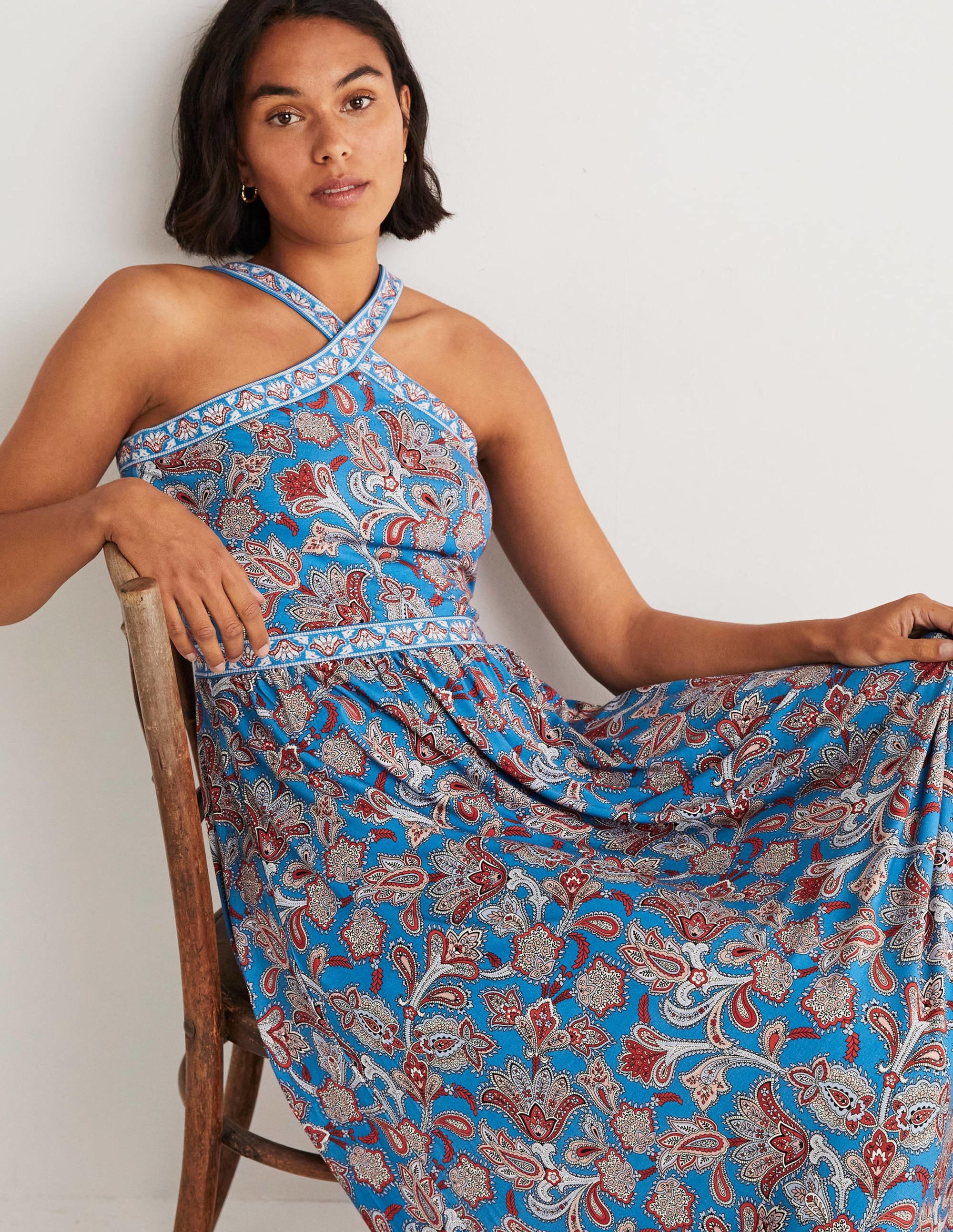 Halterneck Jersey Maxi Dress-Mosaic Blue, Paisley Bud - Image 8