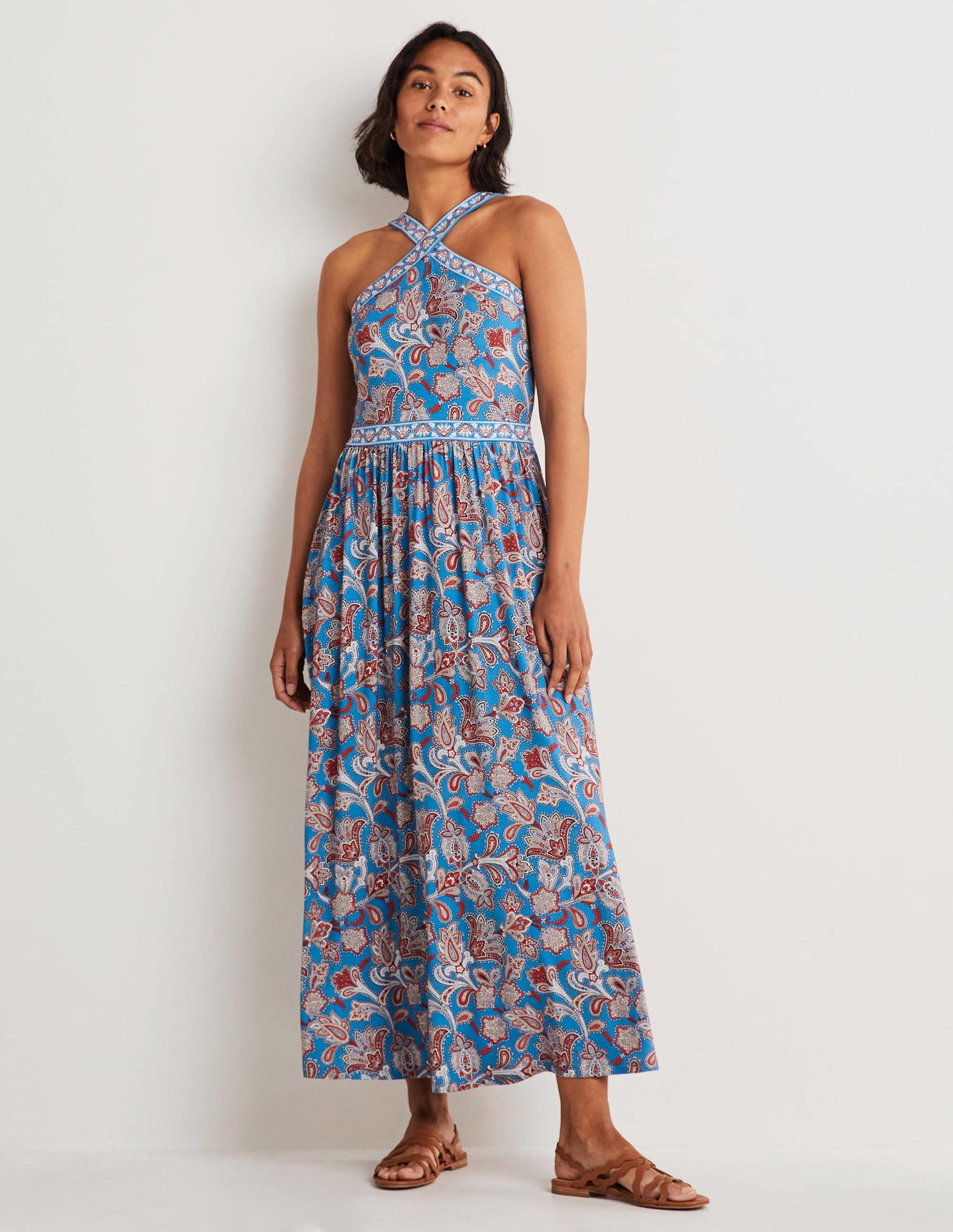 Halterneck Jersey Maxi Dress-Mosaic Blue, Paisley Bud - Image 1