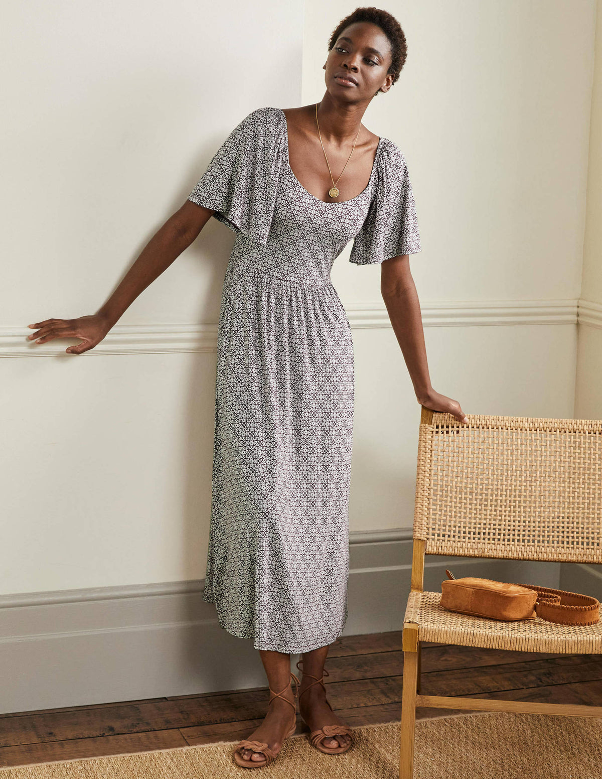 Smock Detail Jersey Maxi Dress-Berry Floret Tile-1