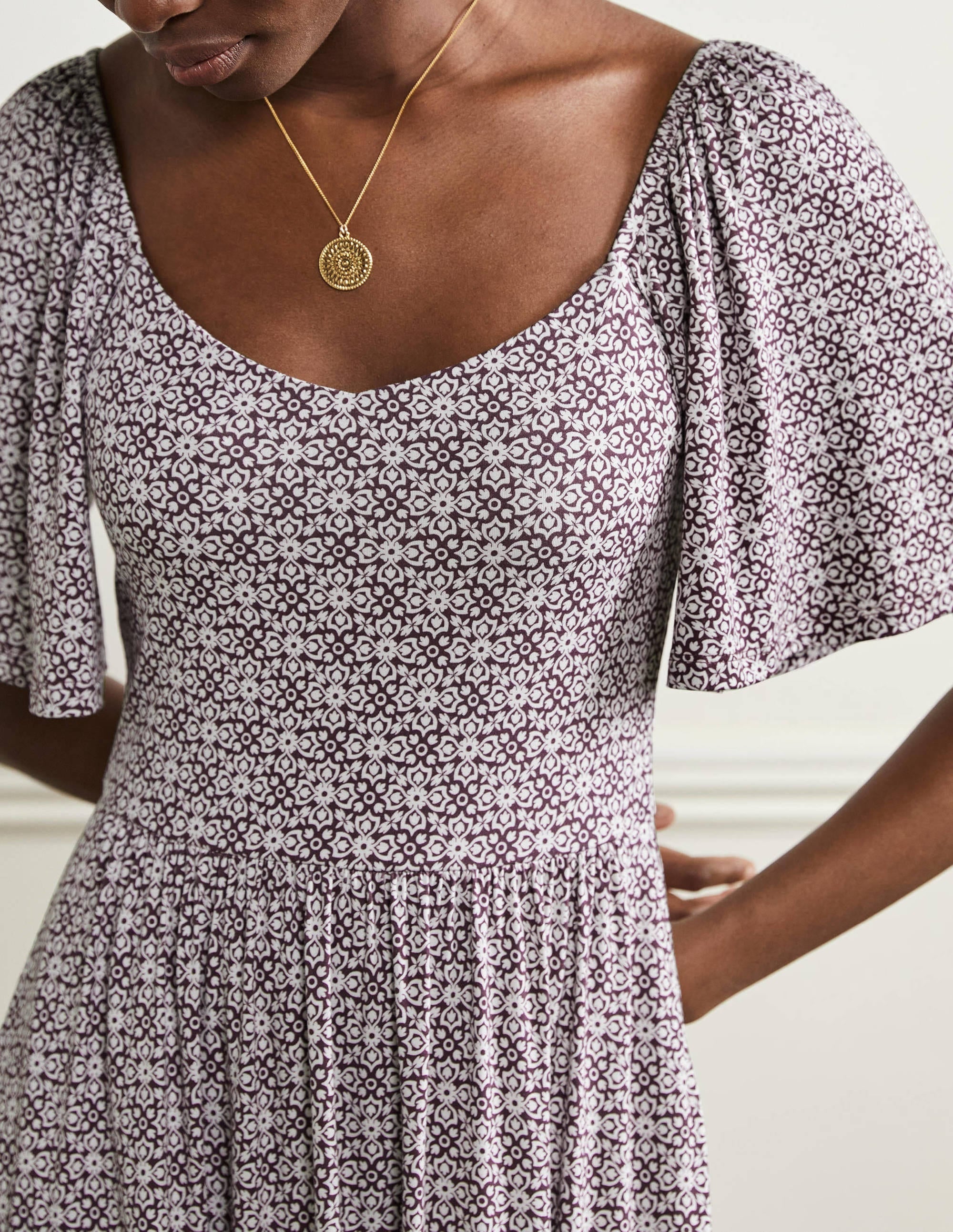Smock Detail Jersey Maxi Dress-Berry Floret Tile - Image 2