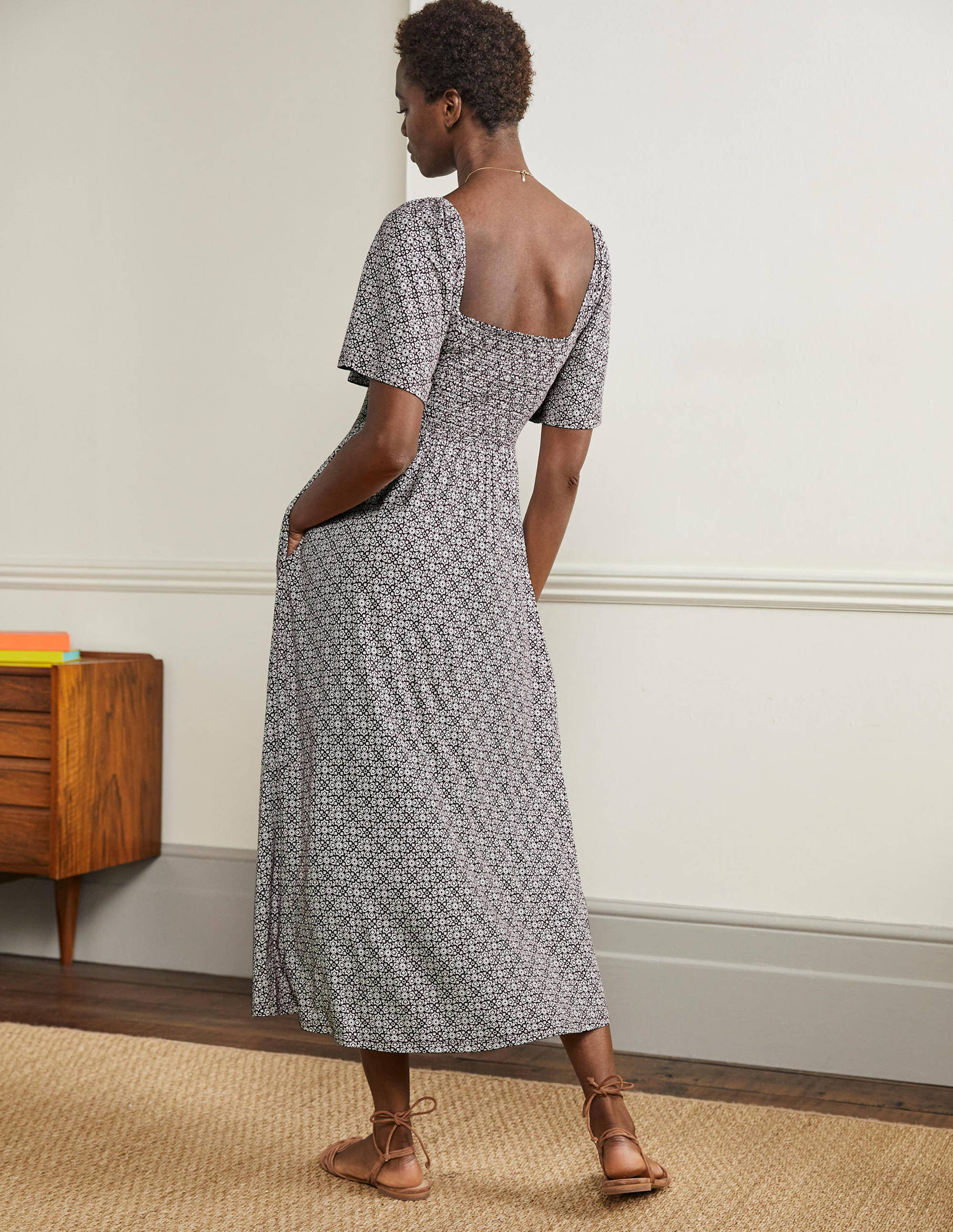 Smock Detail Jersey Maxi Dress-Berry Floret Tile - Image 3