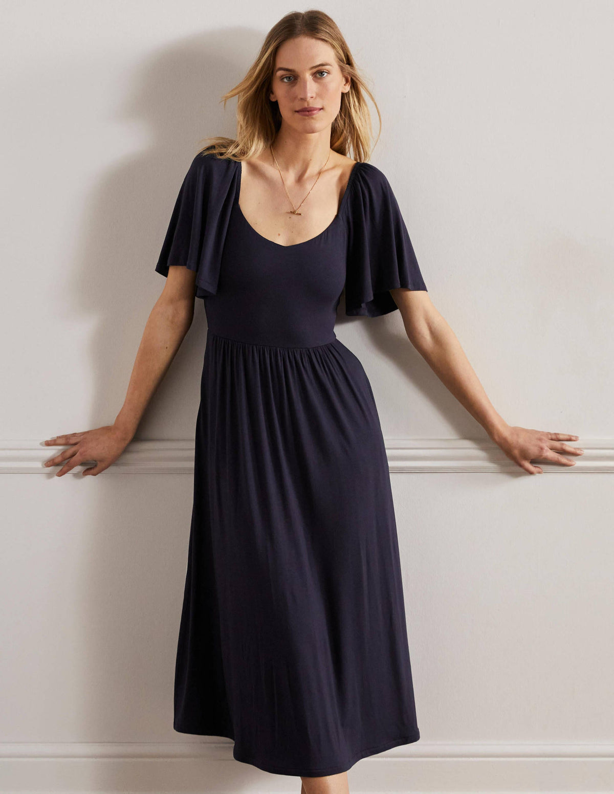 Smock Detail Jersey Maxi Dress-Navy-1