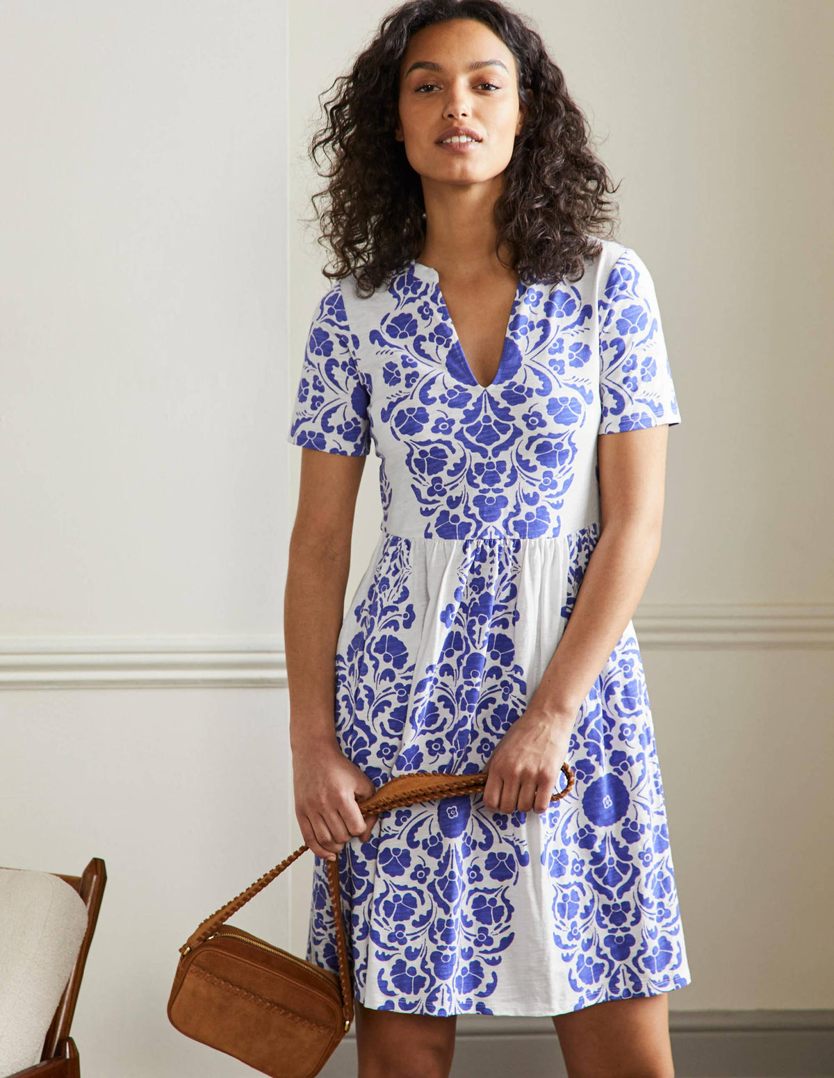 Easy Notch Neck Jersey Dress-Bluebell, Passion Bloom - Image 1