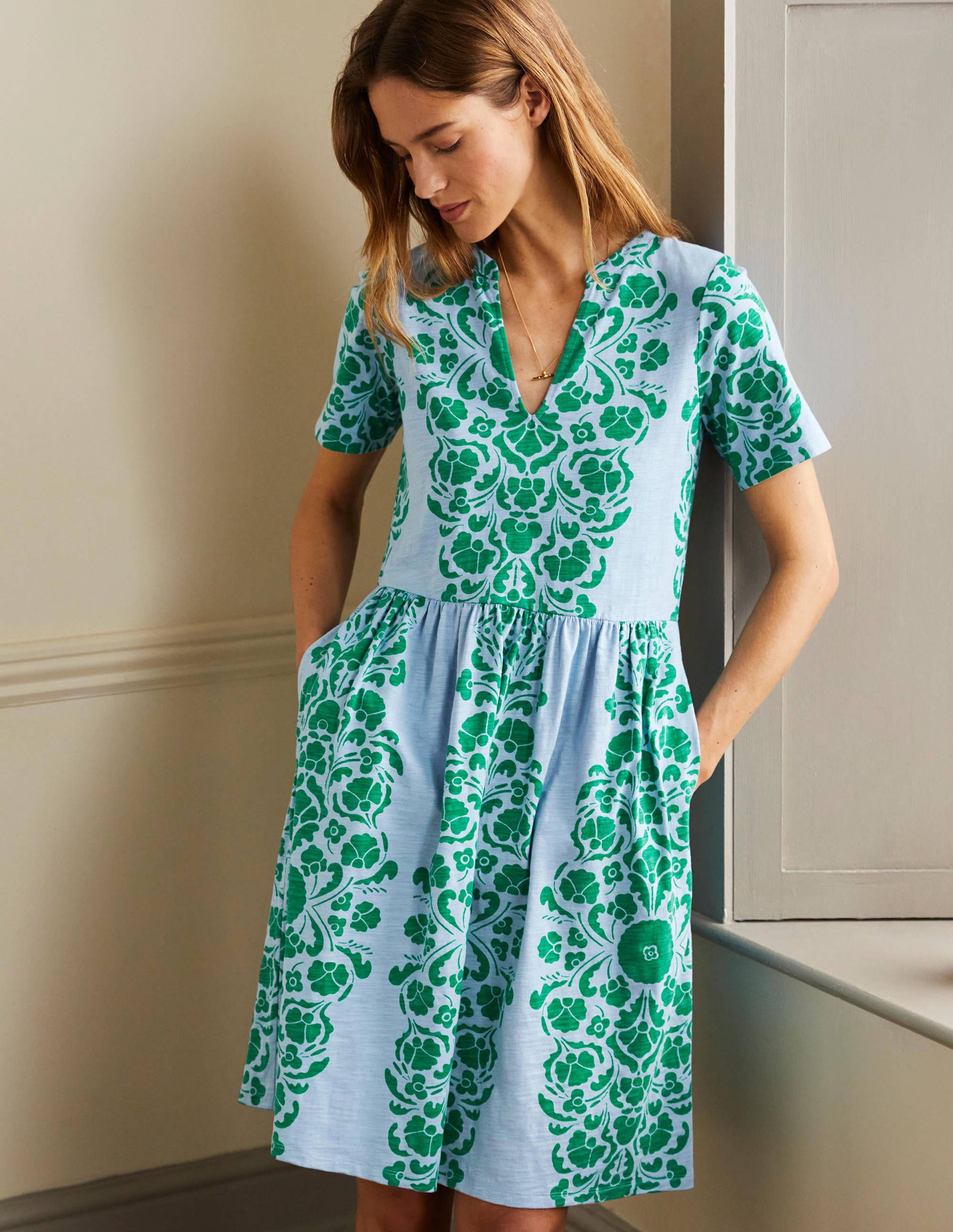 Easy Notch Neck Jersey Dress-Dusty Blue, Passion Bloom - Image 1