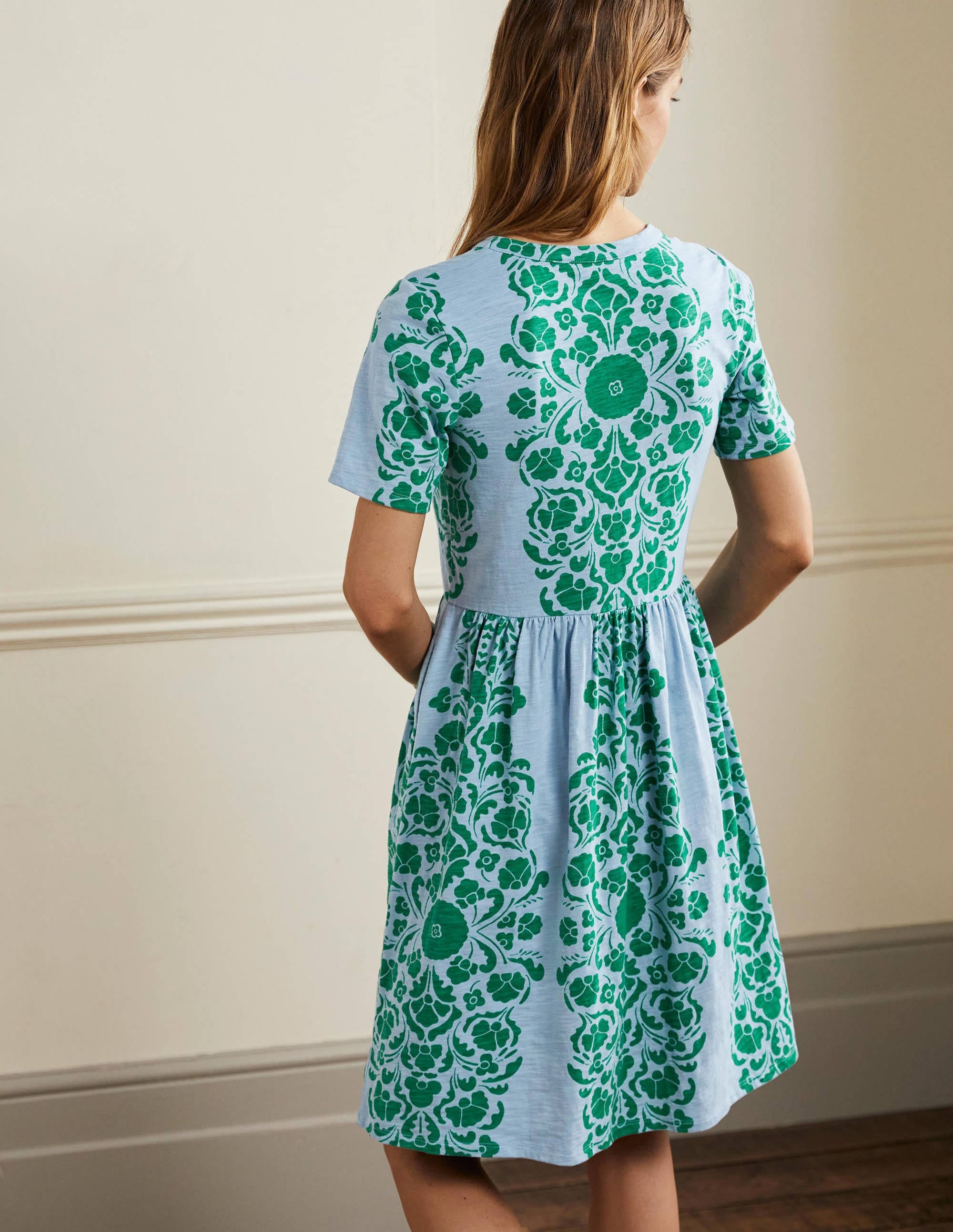 Easy Notch Neck Jersey Dress-Dusty Blue, Passion Bloom - Image 3