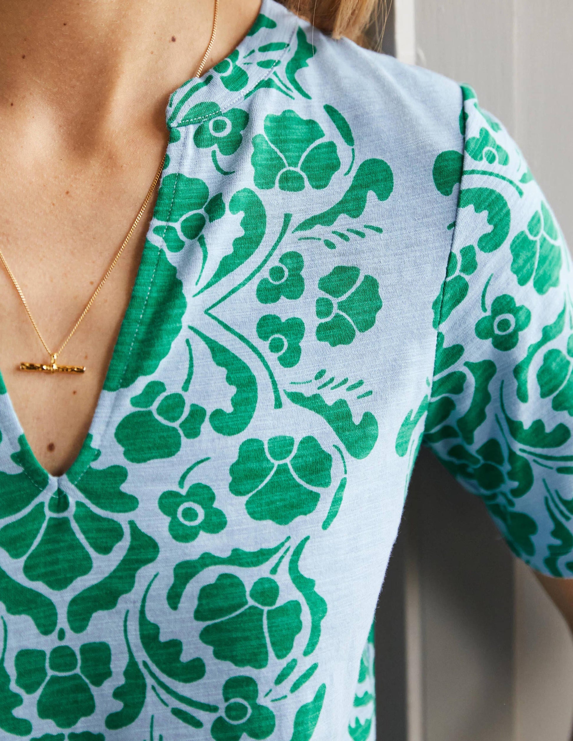 Easy Notch Neck Jersey Dress-Dusty Blue, Passion Bloom-4