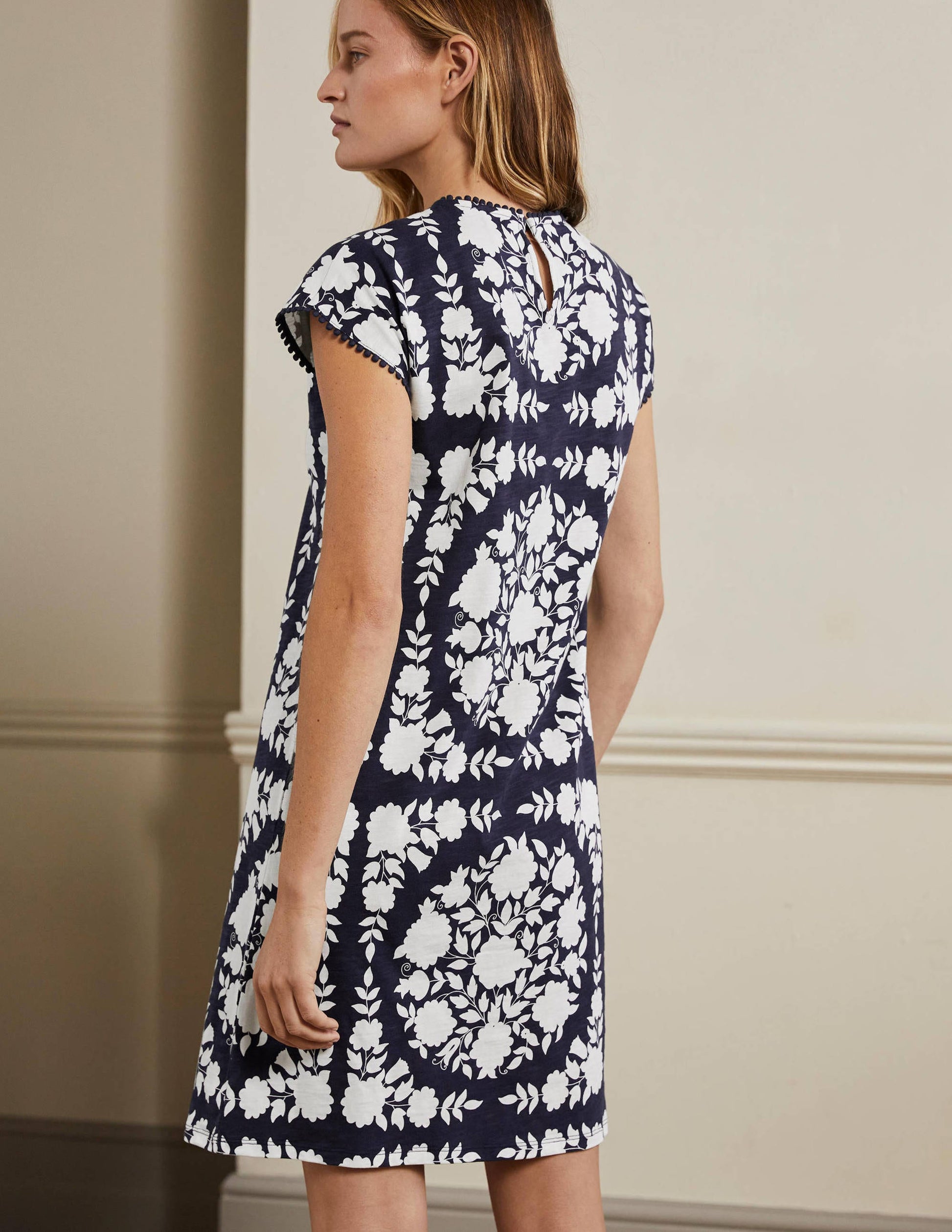 Trim Detail T-Shirt Dress-Navy, Wildflower Prairie-3