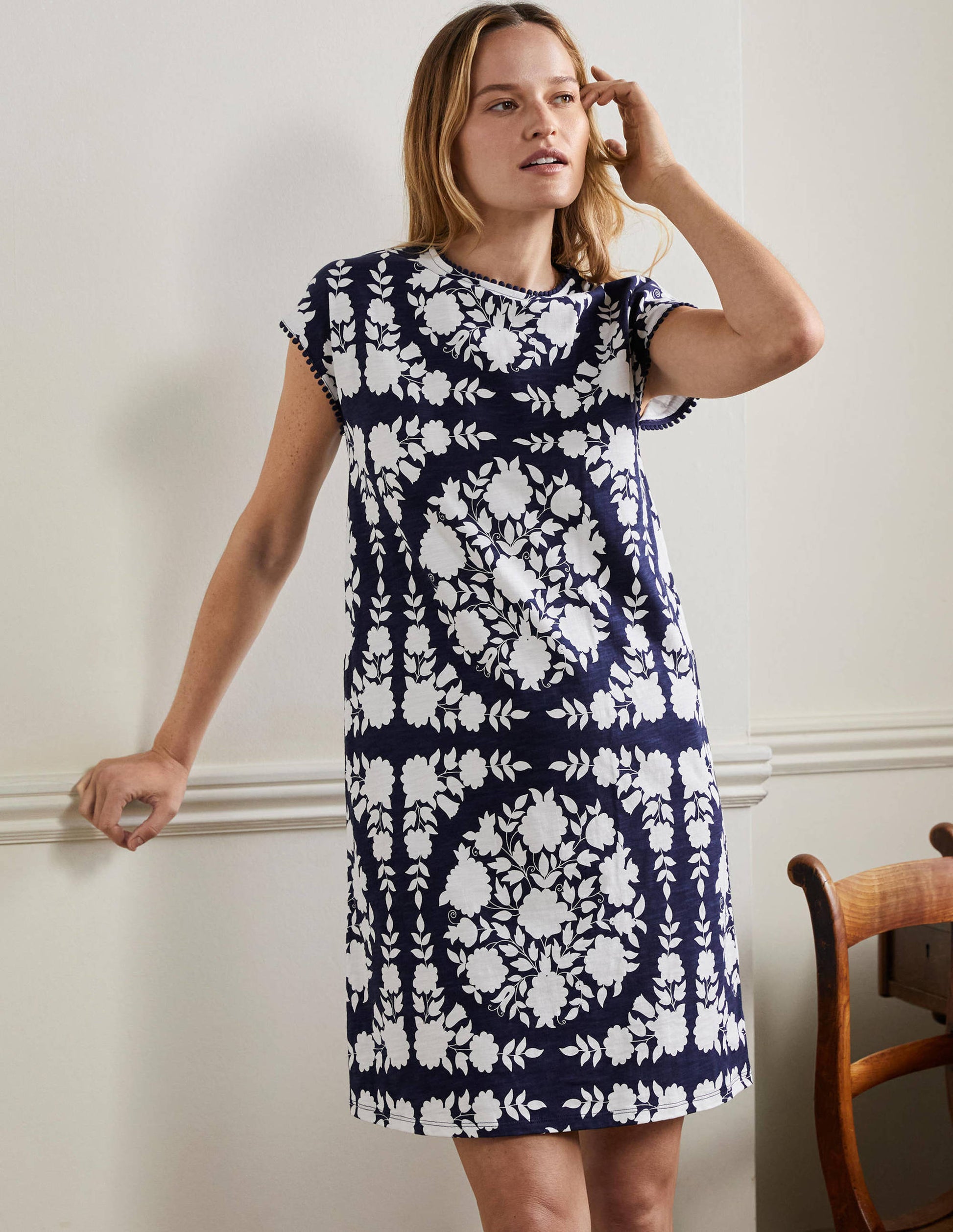 Trim Detail T-Shirt Dress-Navy, Wildflower Prairie-4