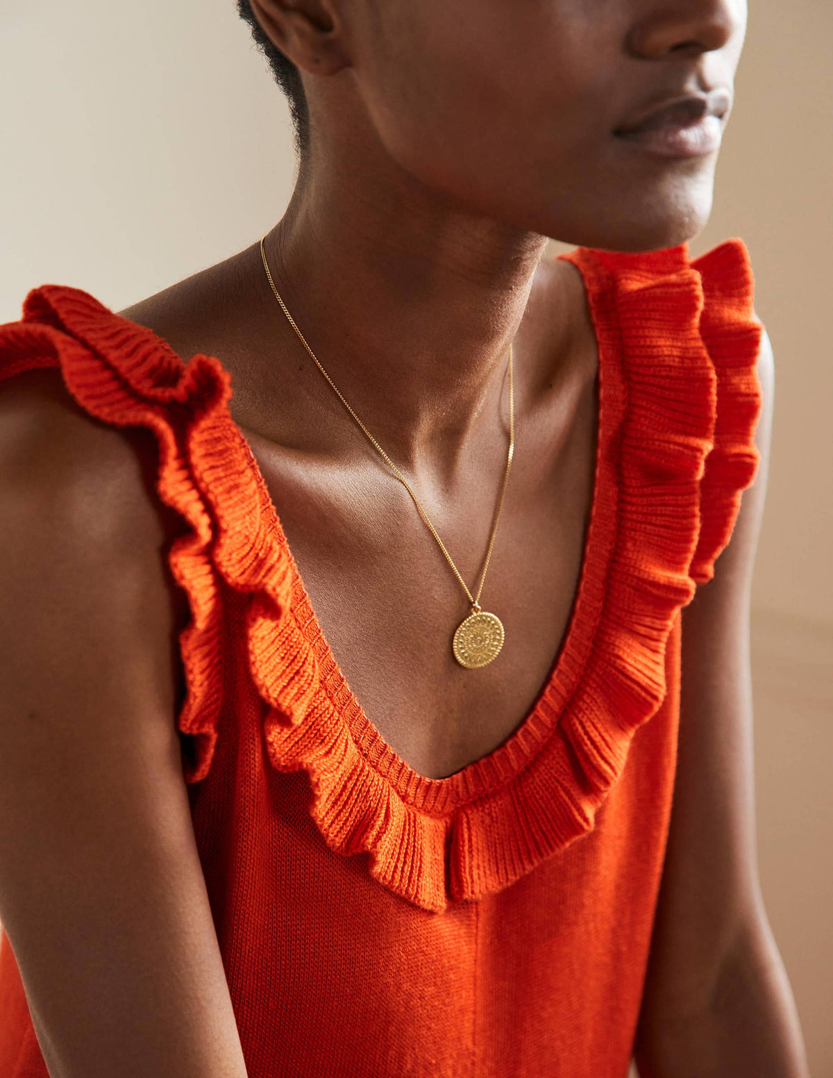 Frill Neck Knitted Midi Dress-Bright Papaya-6