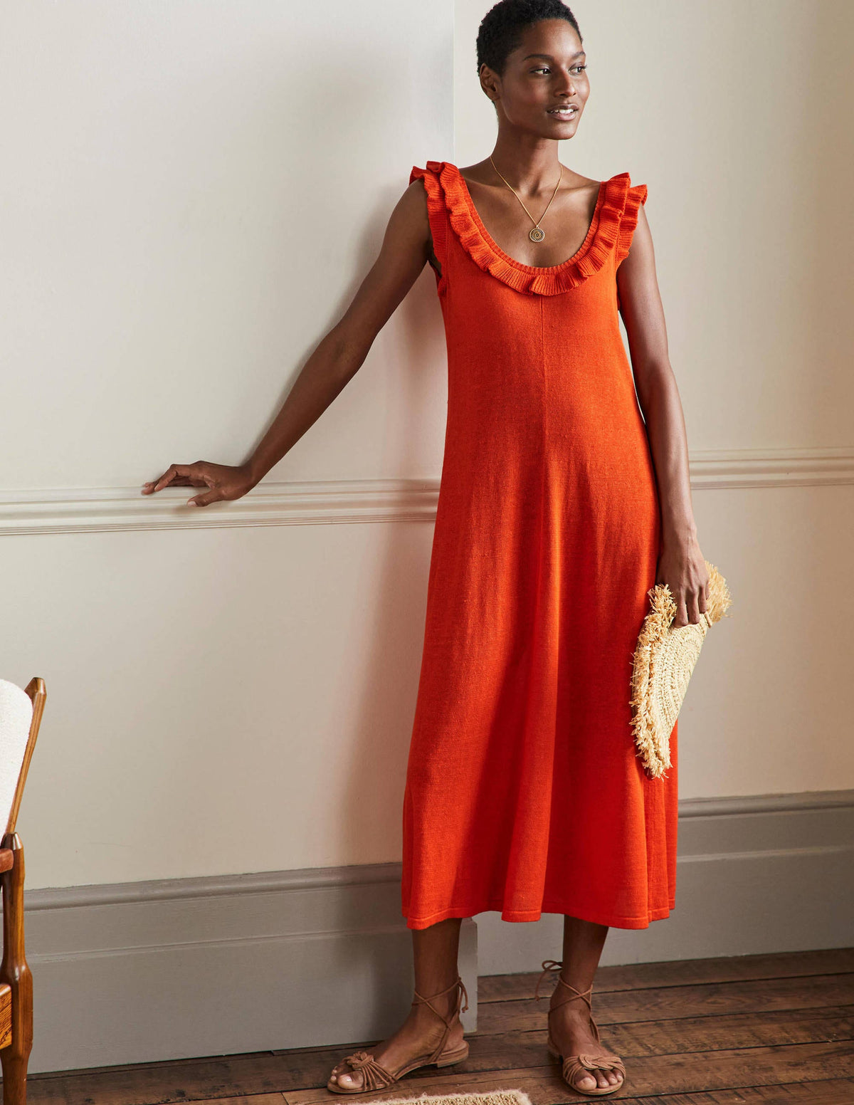 Frill Neck Knitted Midi Dress-Bright Papaya - Image 1