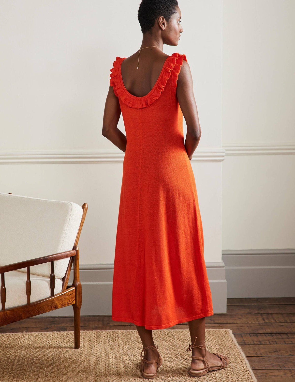 Frill Neck Knitted Midi Dress-Bright Papaya-3