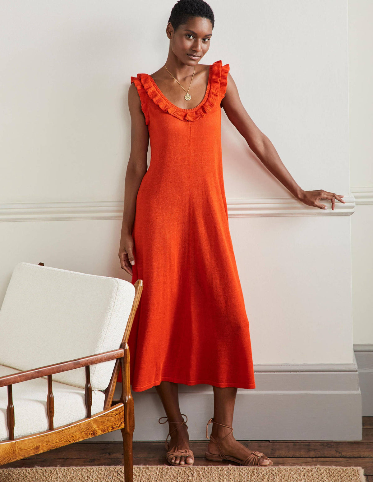 Frill Neck Knitted Midi Dress-Bright Papaya - Image 4