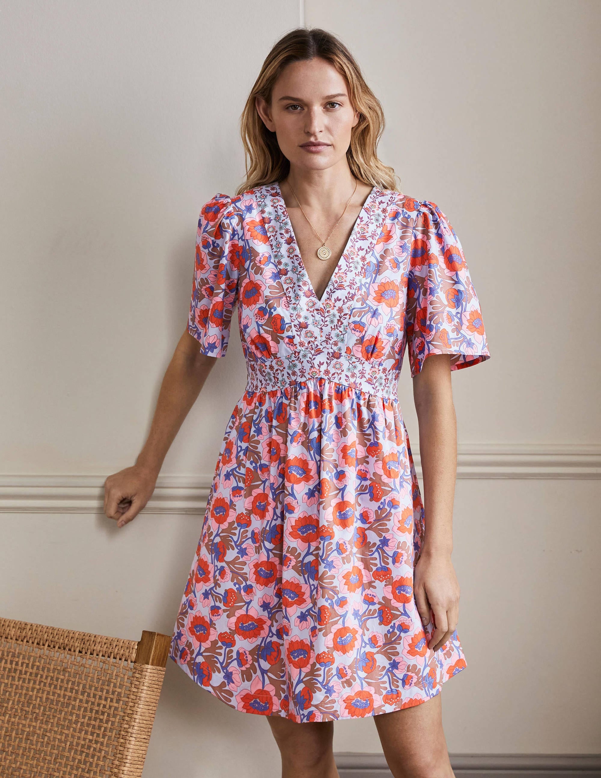 V-Neck Contrast Detail Dress-Dusty Blue, Terrace Bud - Image 1
