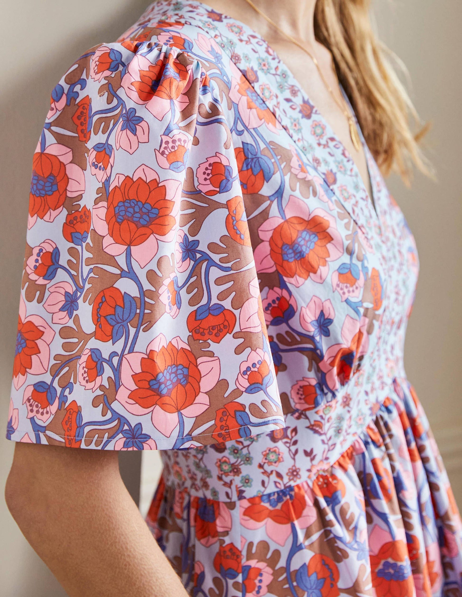 V-Neck Contrast Detail Dress-Dusty Blue, Terrace Bud-2