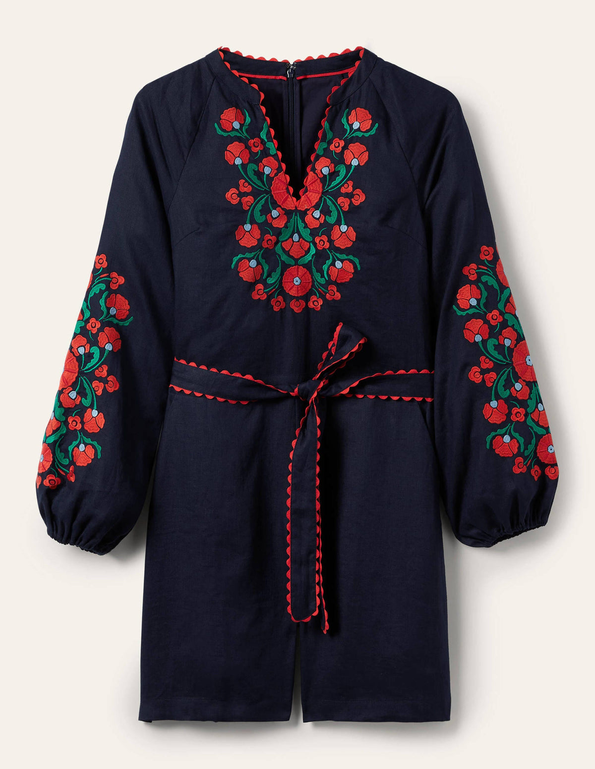 Embroidered Linen Playsuit-Navy, Passion Bloom - Image 5
