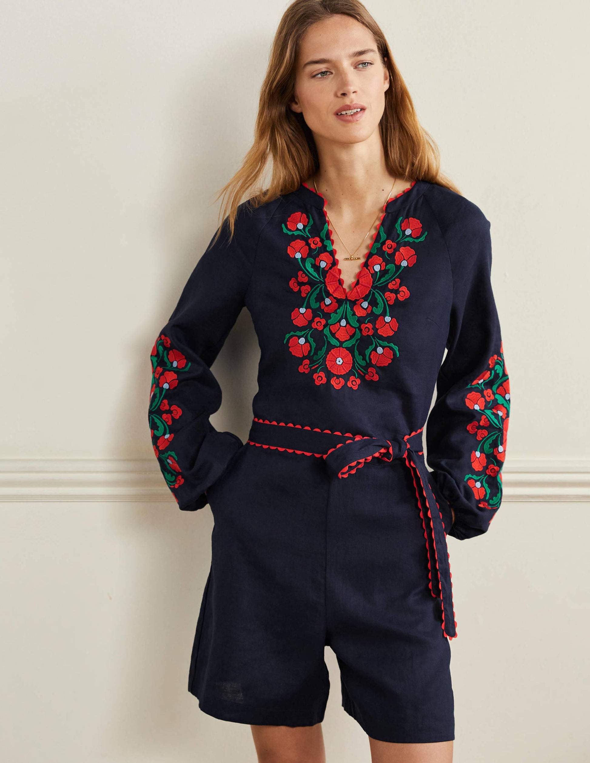 Embroidered Linen Playsuit-Navy, Passion Bloom-1