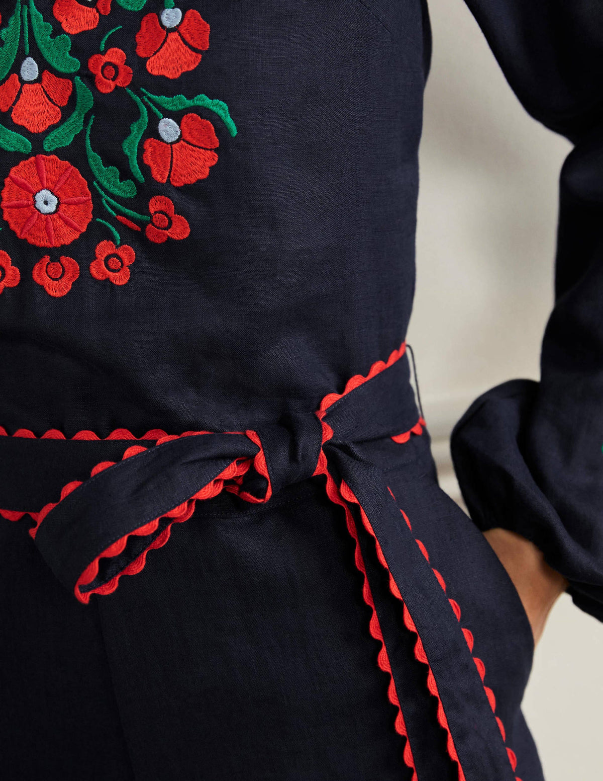 Embroidered Linen Playsuit-Navy, Passion Bloom - Image 2