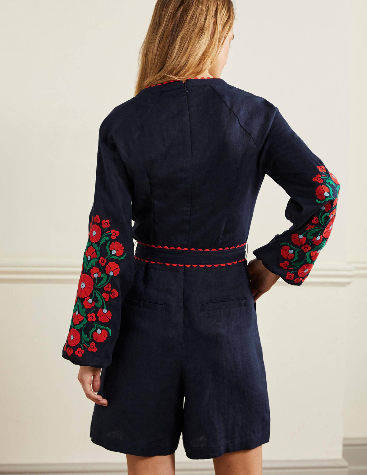 Embroidered Linen Playsuit-Navy, Passion Bloom - Image 3