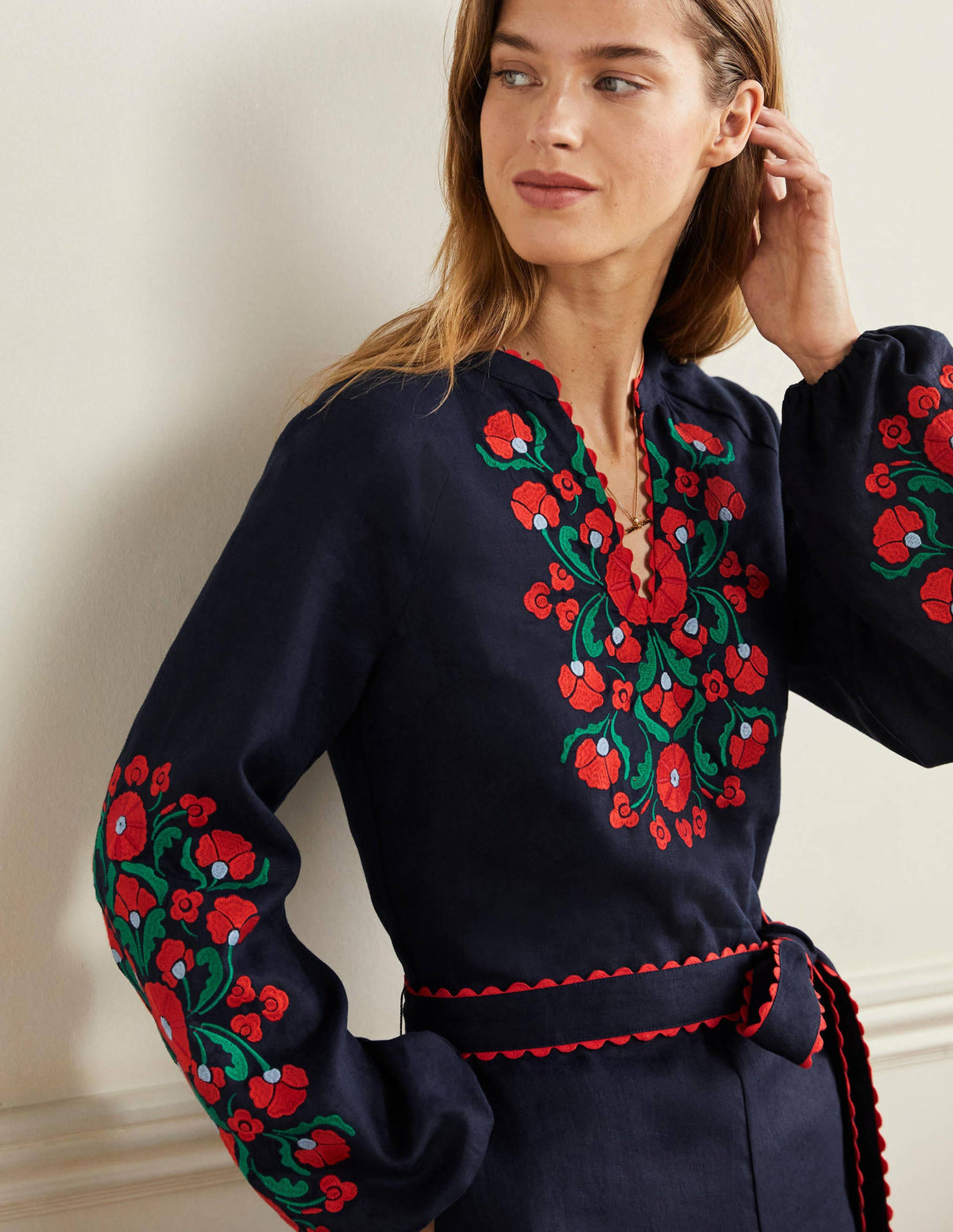 Embroidered Linen Playsuit-Navy, Passion Bloom-4