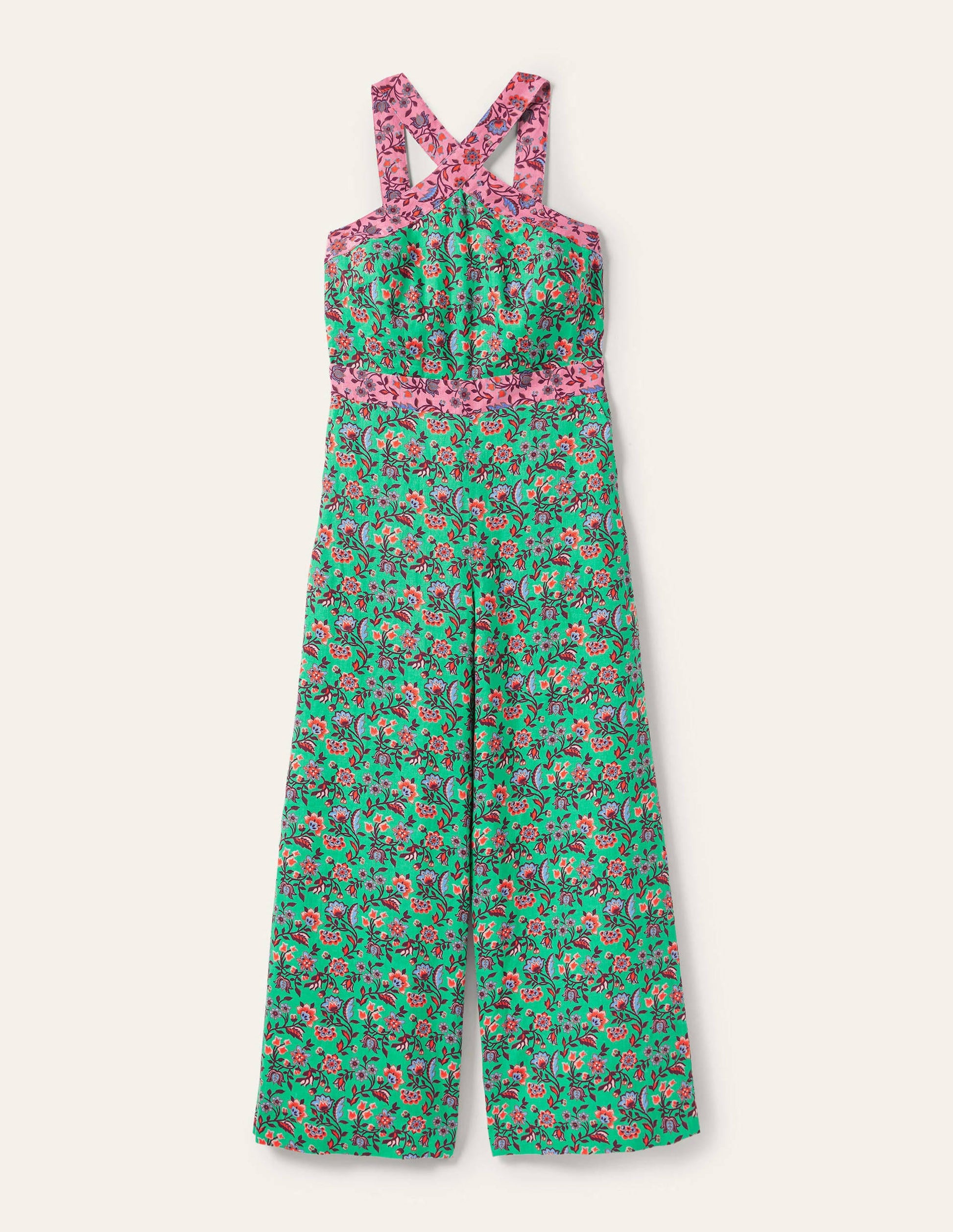 Cross Over Linen Jumpsuit-Green Lagoon, Oriental Meadow-6