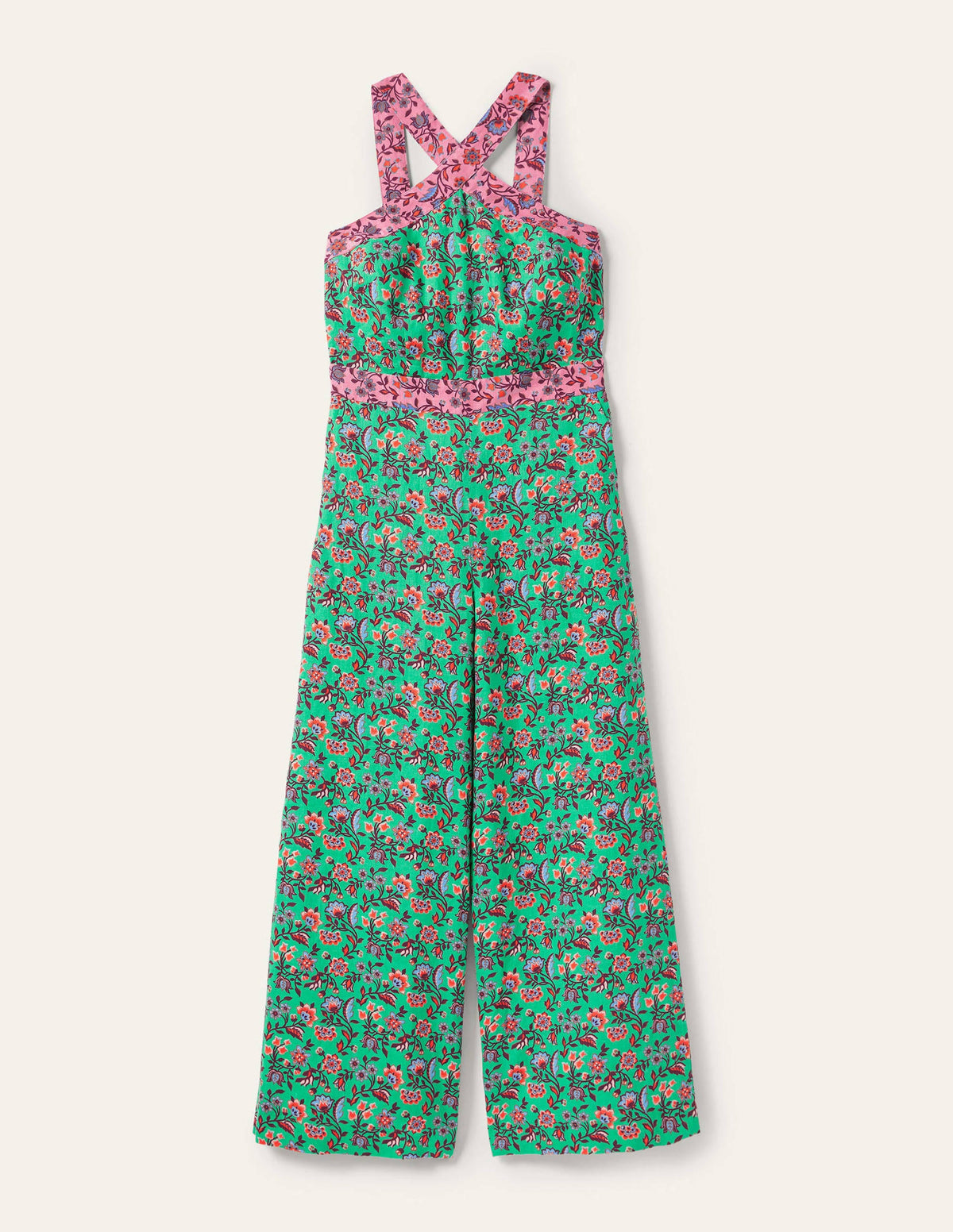 Cross Over Linen Jumpsuit-Green Lagoon, Oriental Meadow - Image 6