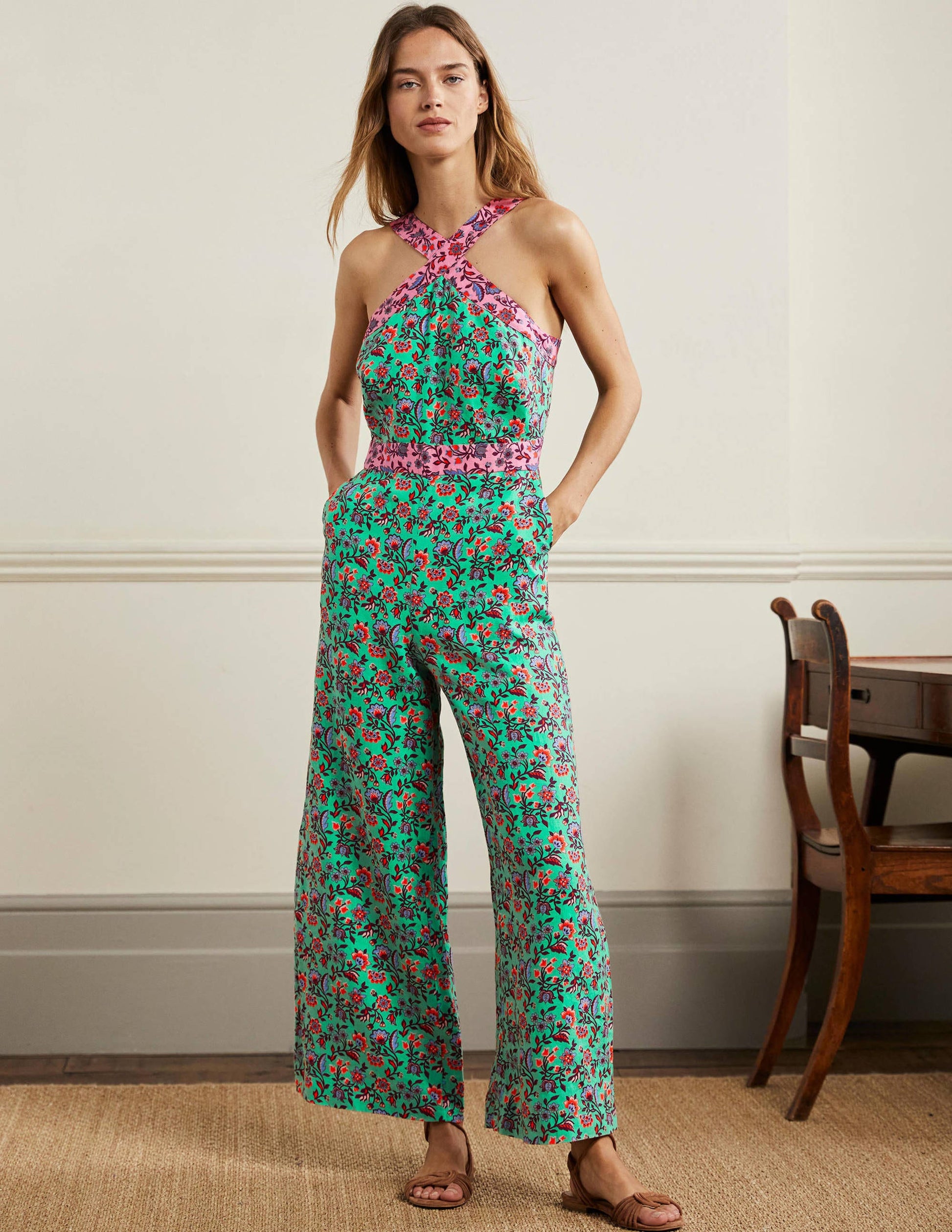 Cross Over Linen Jumpsuit-Green Lagoon, Oriental Meadow-1