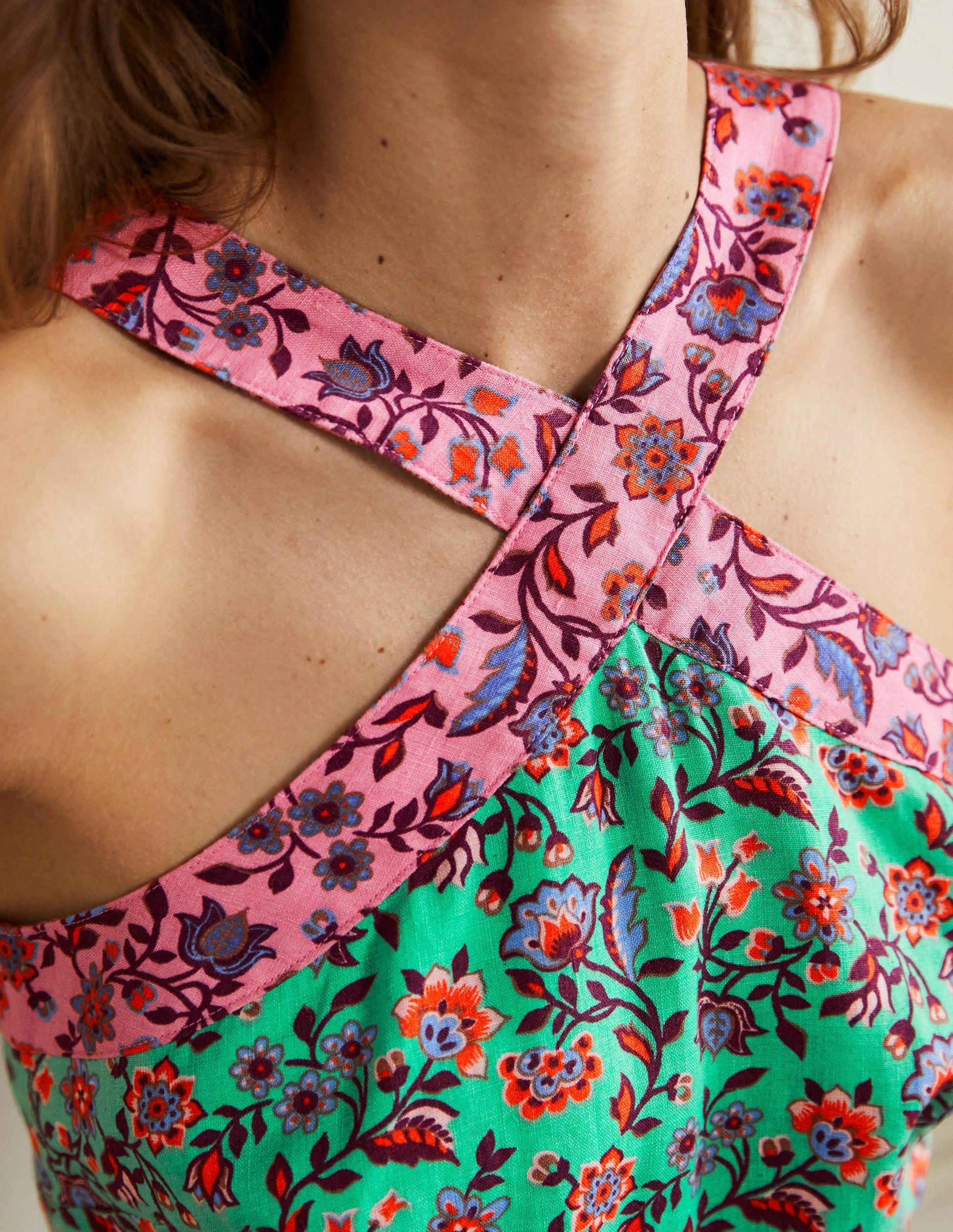 Cross Over Linen Jumpsuit-Green Lagoon, Oriental Meadow-2