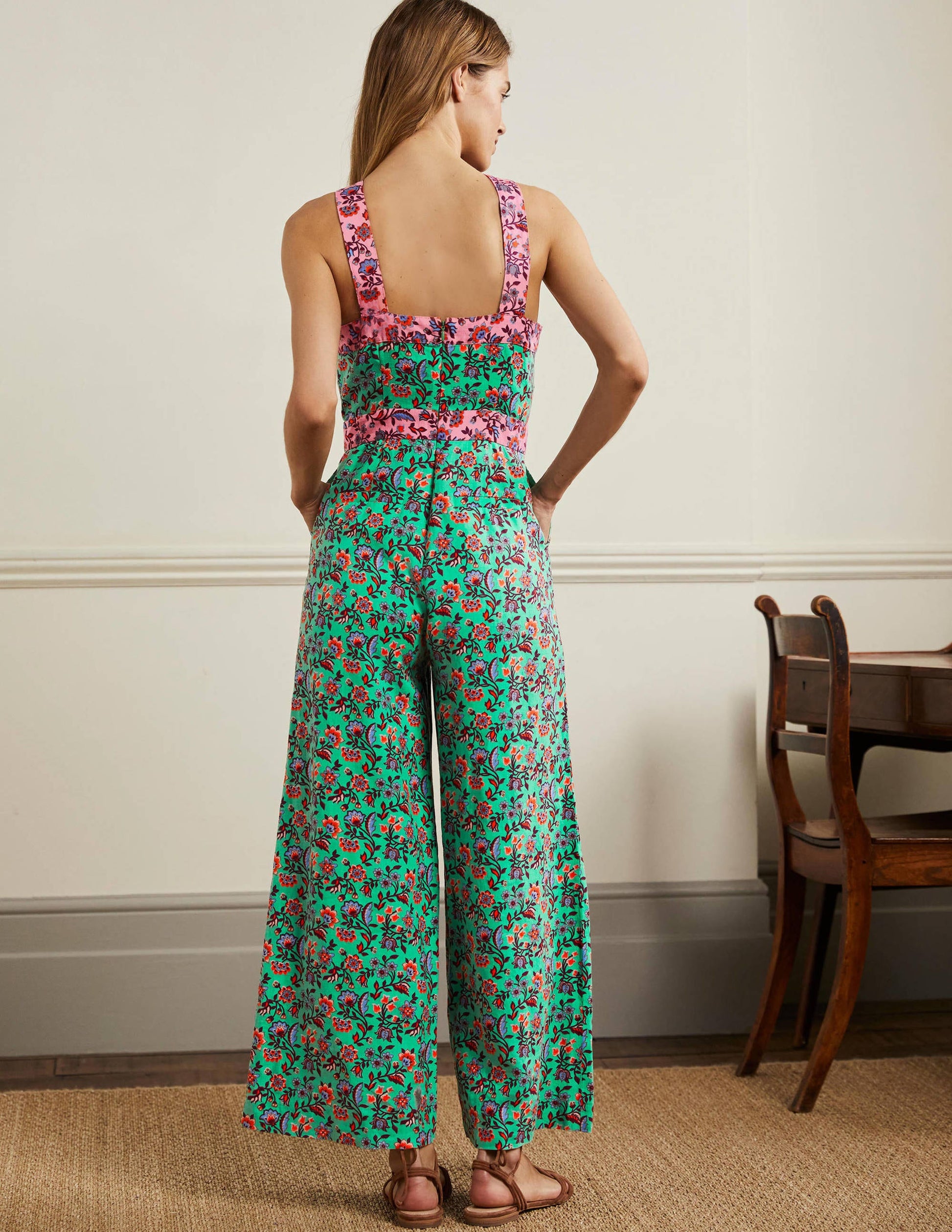 Cross Over Linen Jumpsuit-Green Lagoon, Oriental Meadow-3